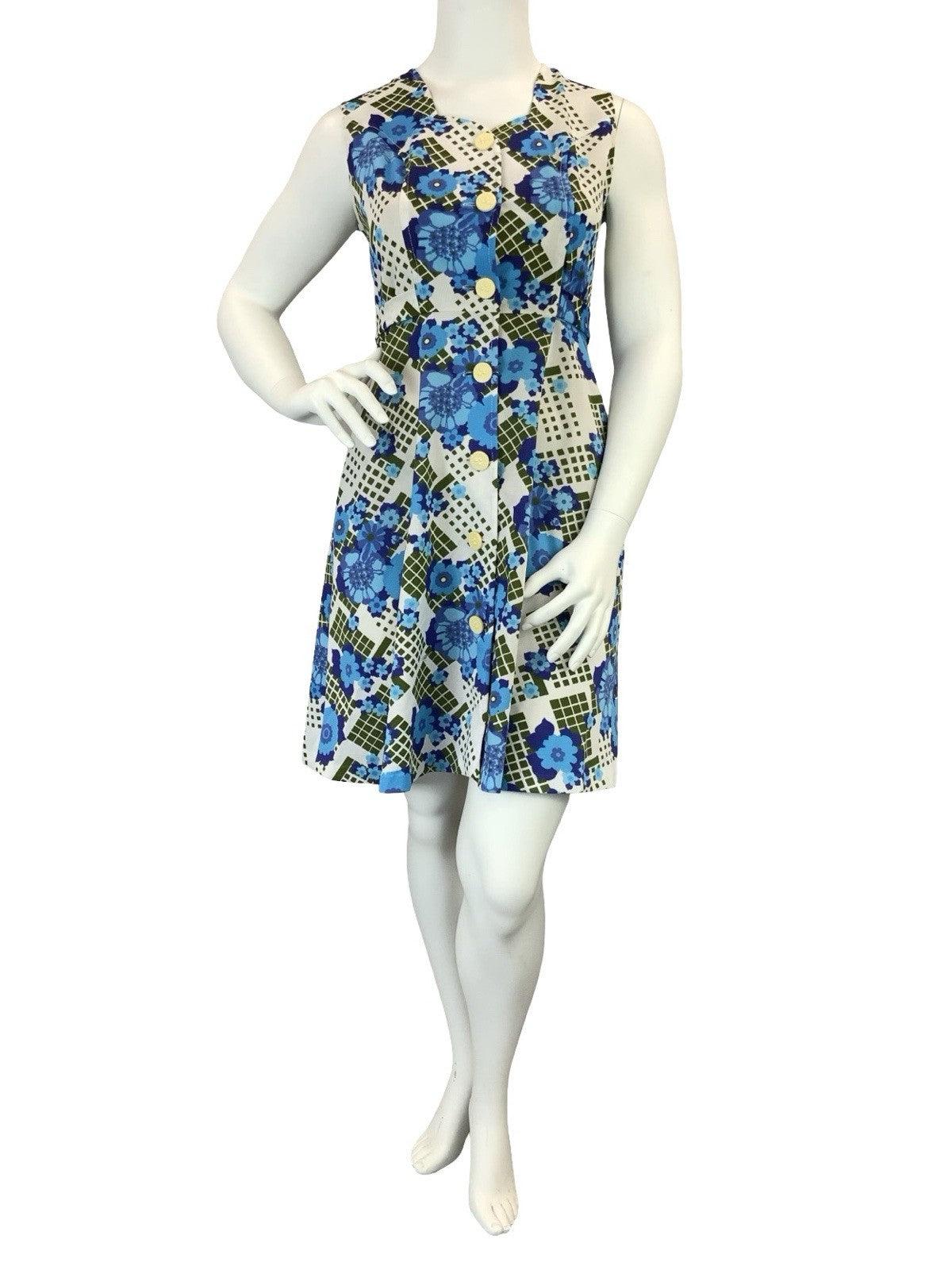 VTG 60S 70S WHITE BLUE GREEN FLORAL SWEETHEART TIE WAIST A LINE MINI DRESS 14