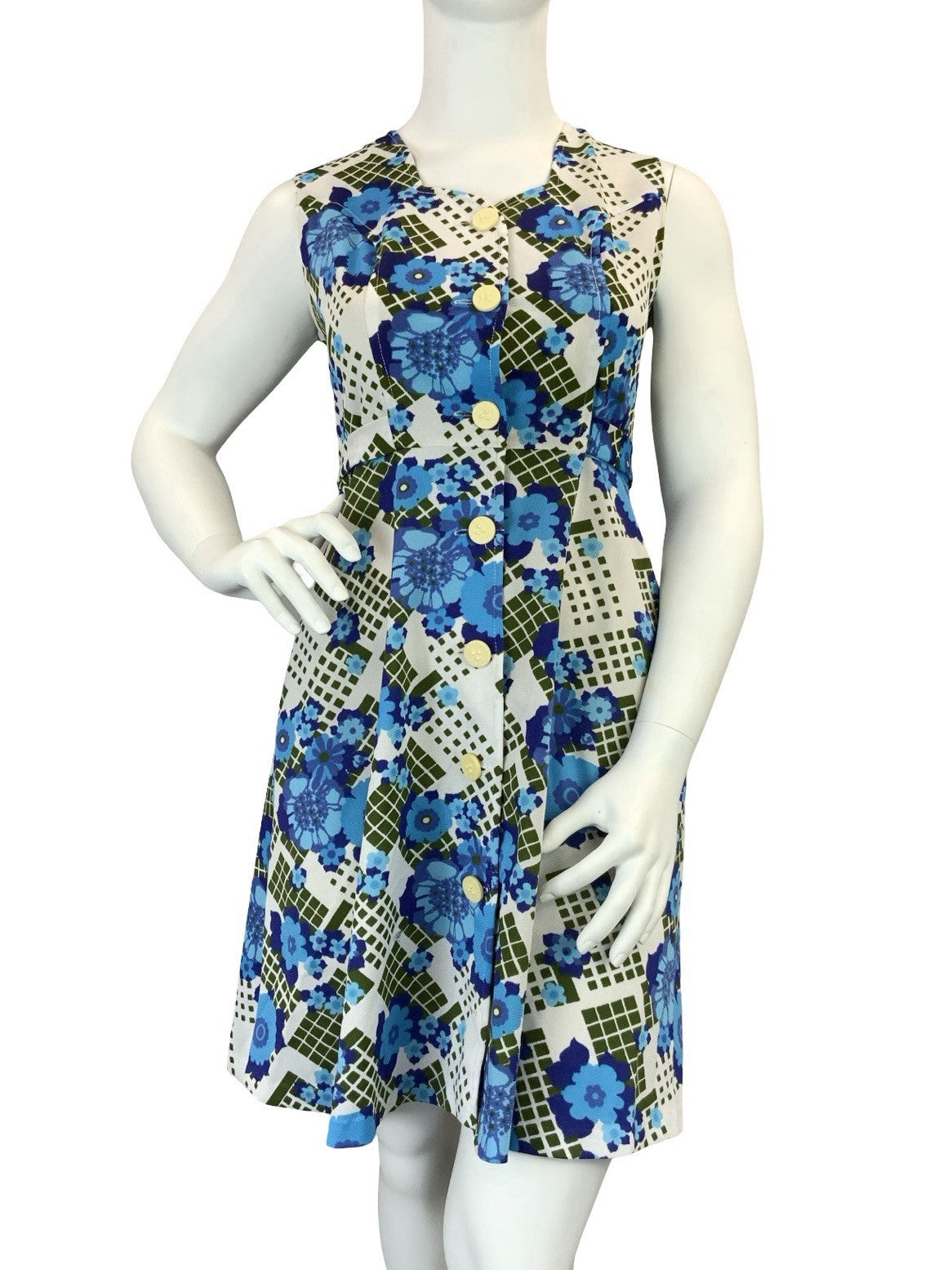 VTG 60S 70S WHITE BLUE GREEN FLORAL SWEETHEART TIE WAIST A LINE MINI DRESS 14