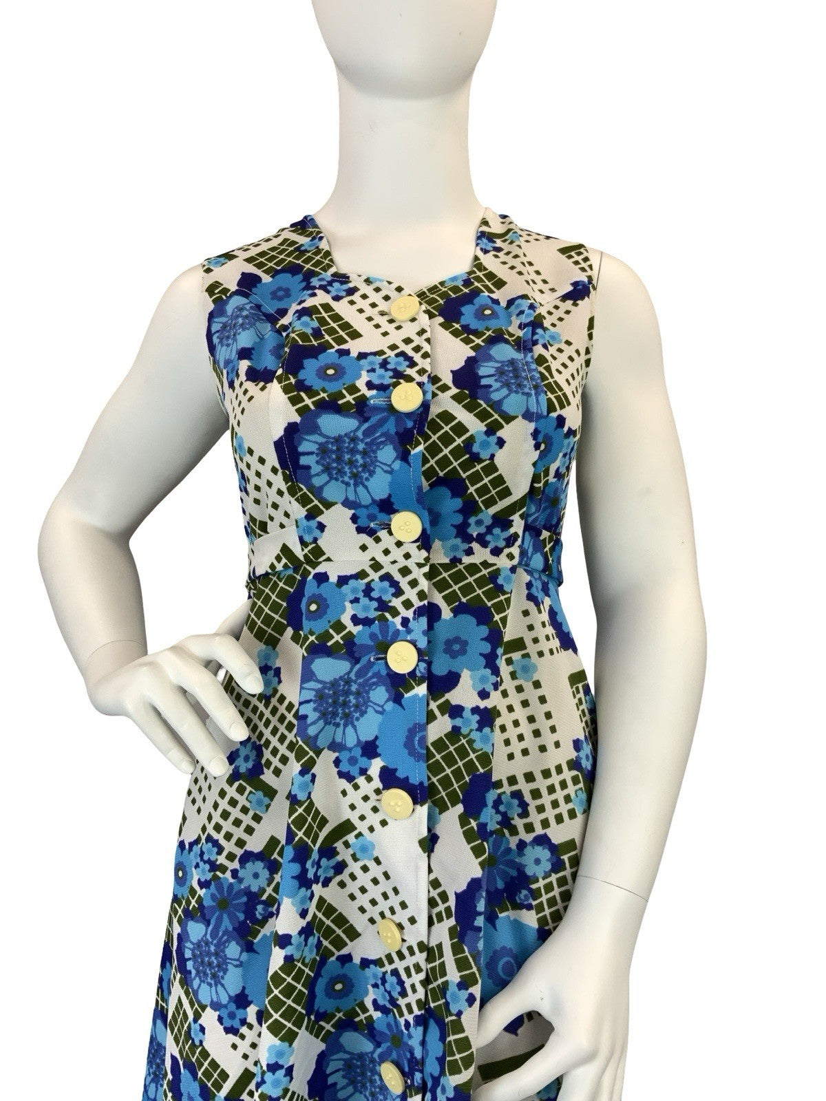 VTG 60S 70S WHITE BLUE GREEN FLORAL SWEETHEART TIE WAIST A LINE MINI DRESS 14