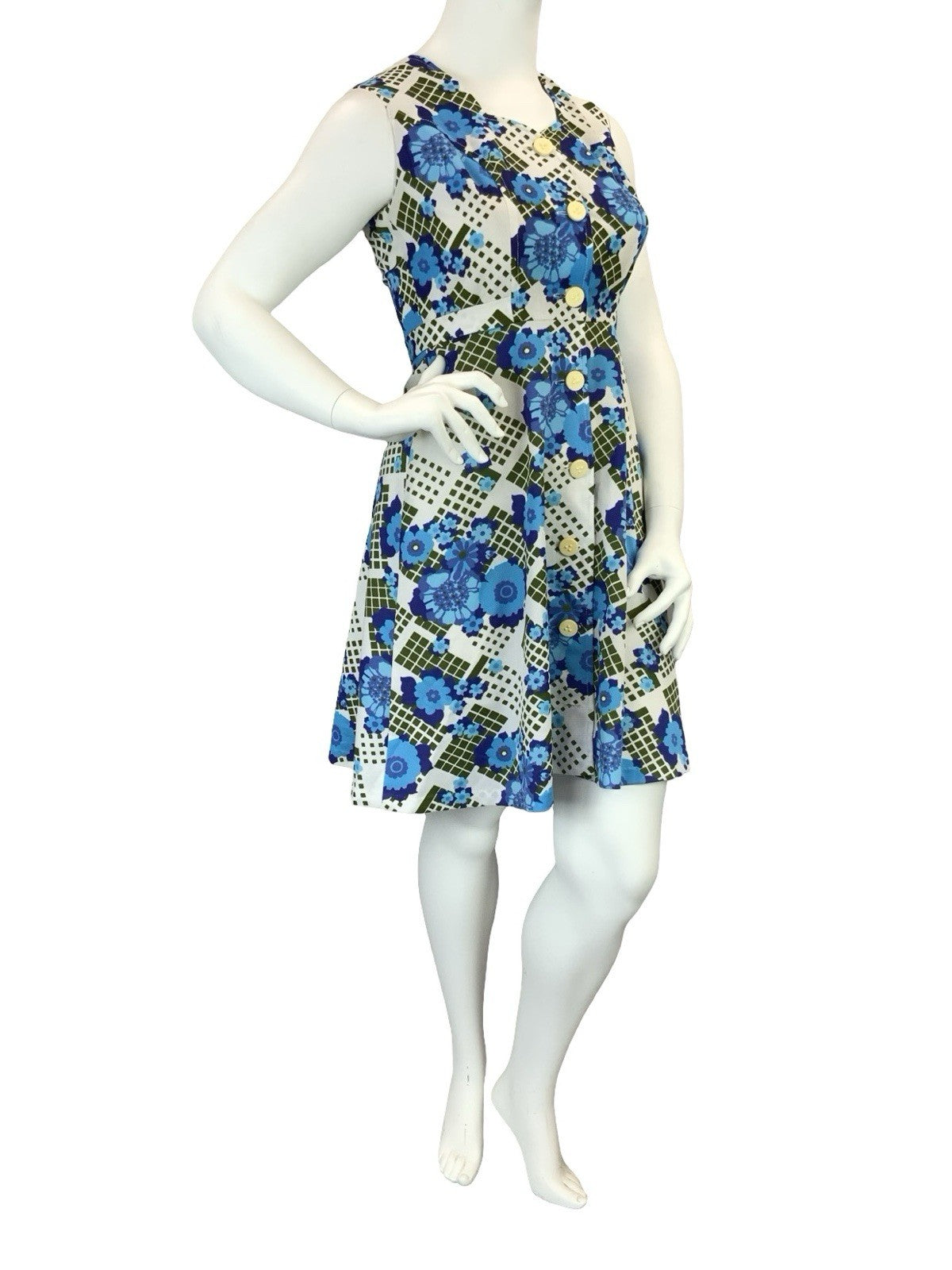 VTG 60S 70S WHITE BLUE GREEN FLORAL SWEETHEART TIE WAIST A LINE MINI DRESS 14