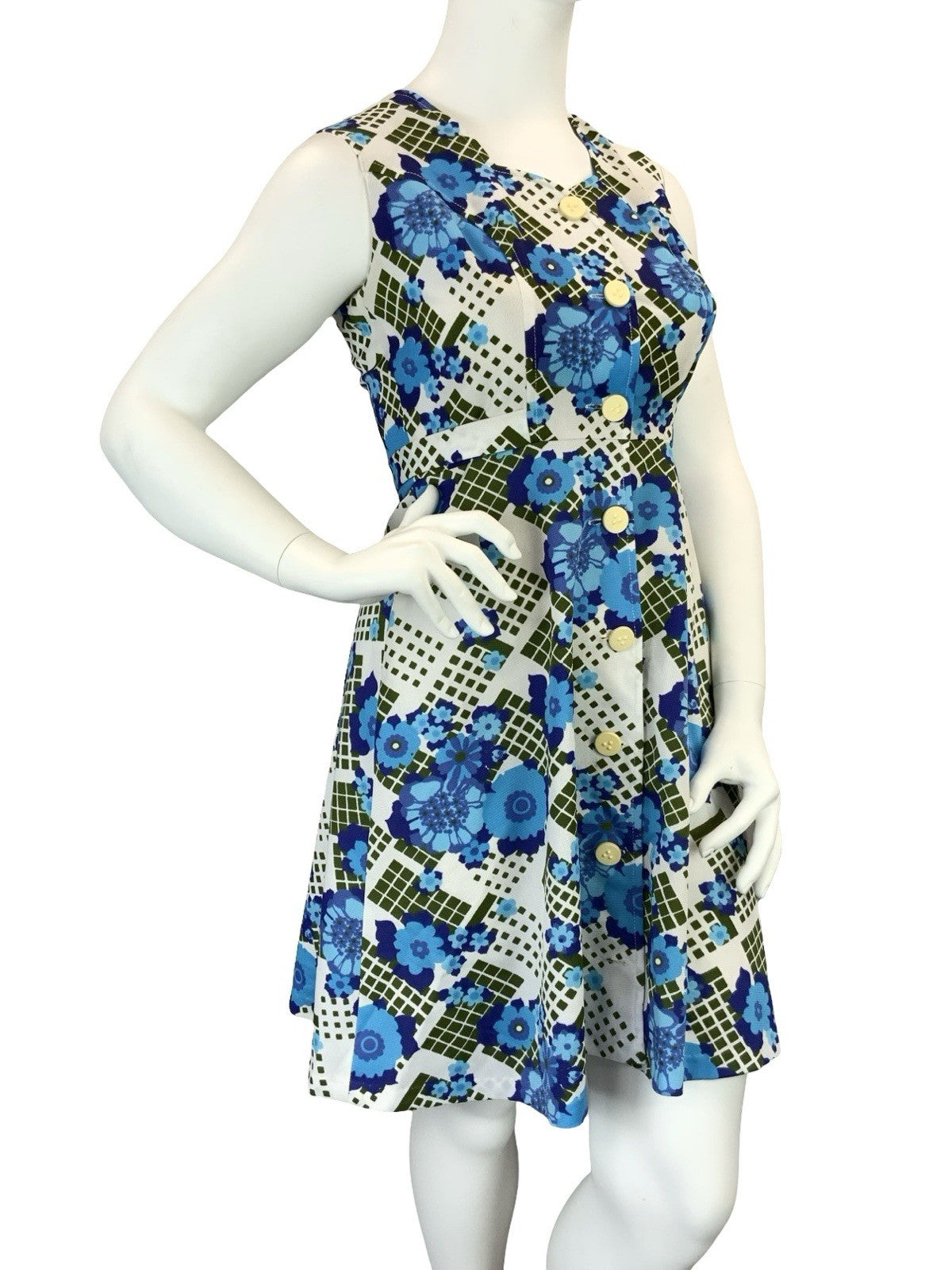 VTG 60S 70S WHITE BLUE GREEN FLORAL SWEETHEART TIE WAIST A LINE MINI DRESS 14