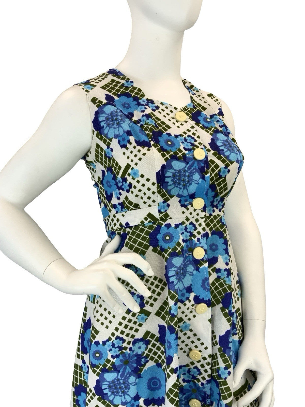 VTG 60S 70S WHITE BLUE GREEN FLORAL SWEETHEART TIE WAIST A LINE MINI DRESS 14