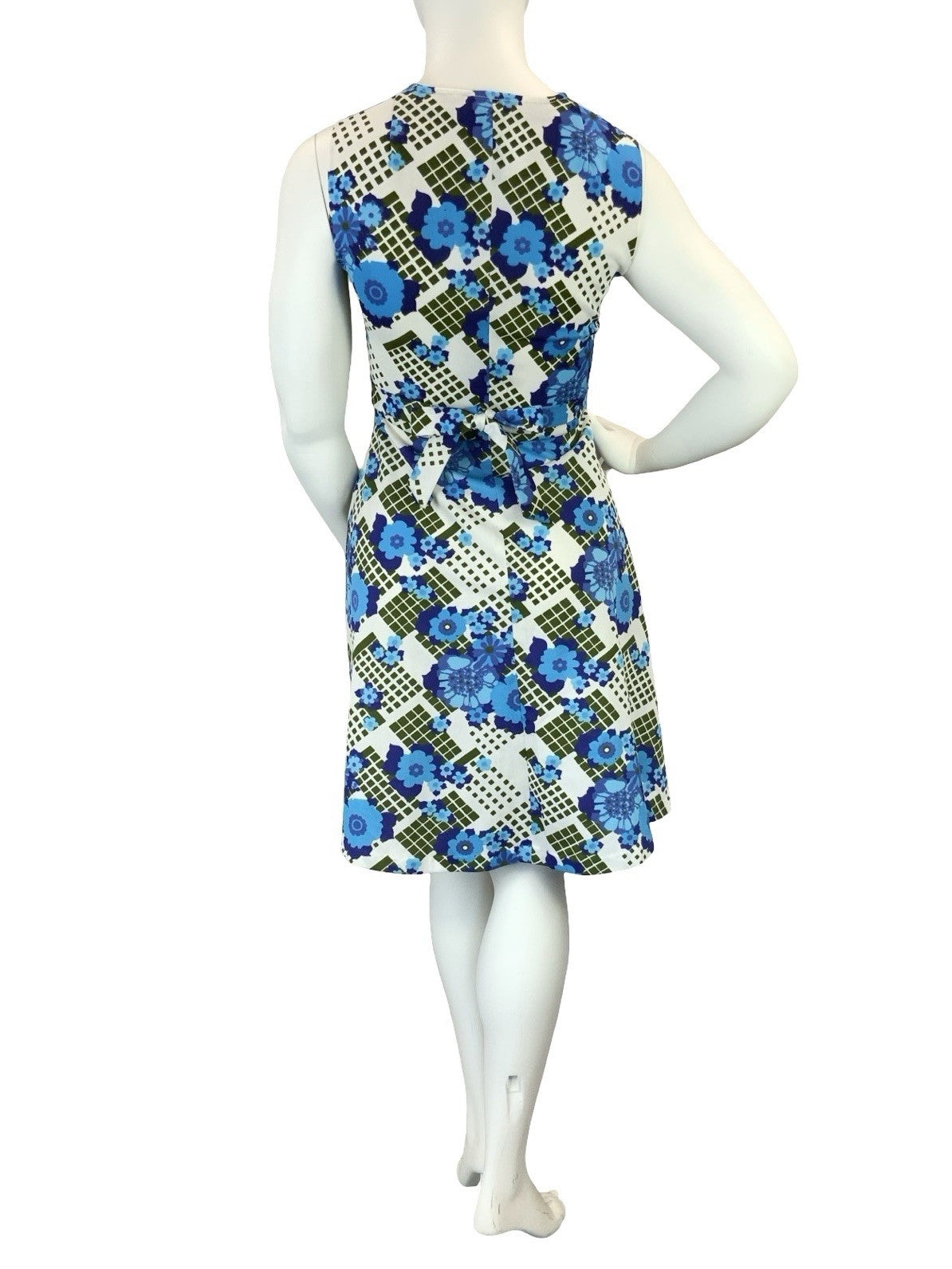 VTG 60S 70S WHITE BLUE GREEN FLORAL SWEETHEART TIE WAIST A LINE MINI DRESS 14