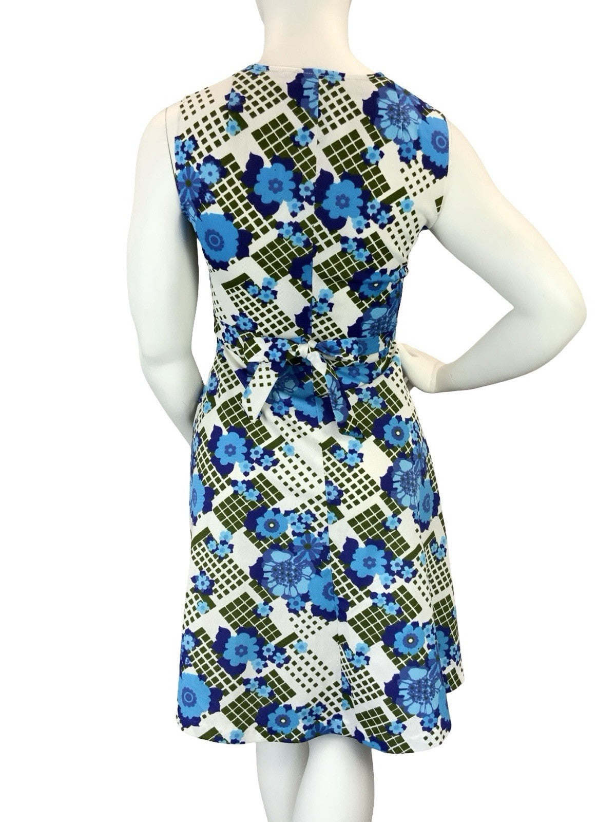 VTG 60S 70S WHITE BLUE GREEN FLORAL SWEETHEART TIE WAIST A LINE MINI DRESS 14