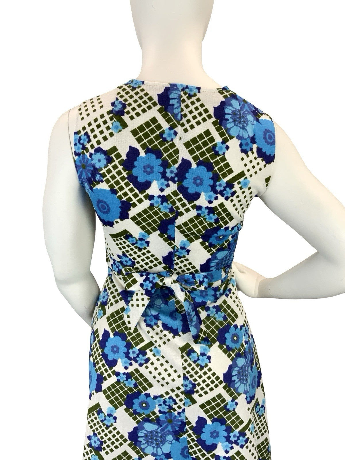 VTG 60S 70S WHITE BLUE GREEN FLORAL SWEETHEART TIE WAIST A LINE MINI DRESS 14