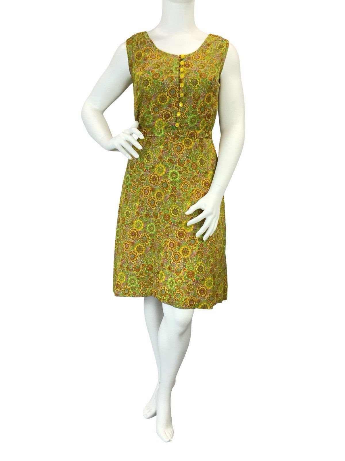 VTG 60S 70S GREEN ORANGE YELLOW PSYCHEDELIC FLORAL BELT SUN DRESS 16