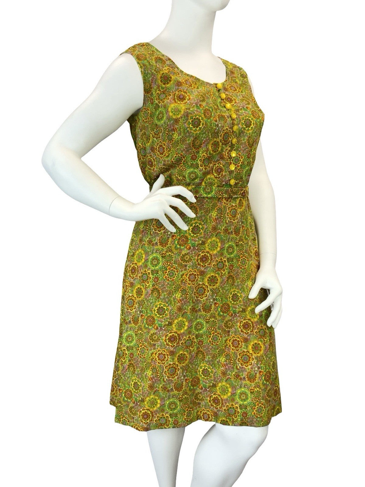 VTG 60S 70S GREEN ORANGE YELLOW PSYCHEDELIC FLORAL BELT SUN DRESS 16