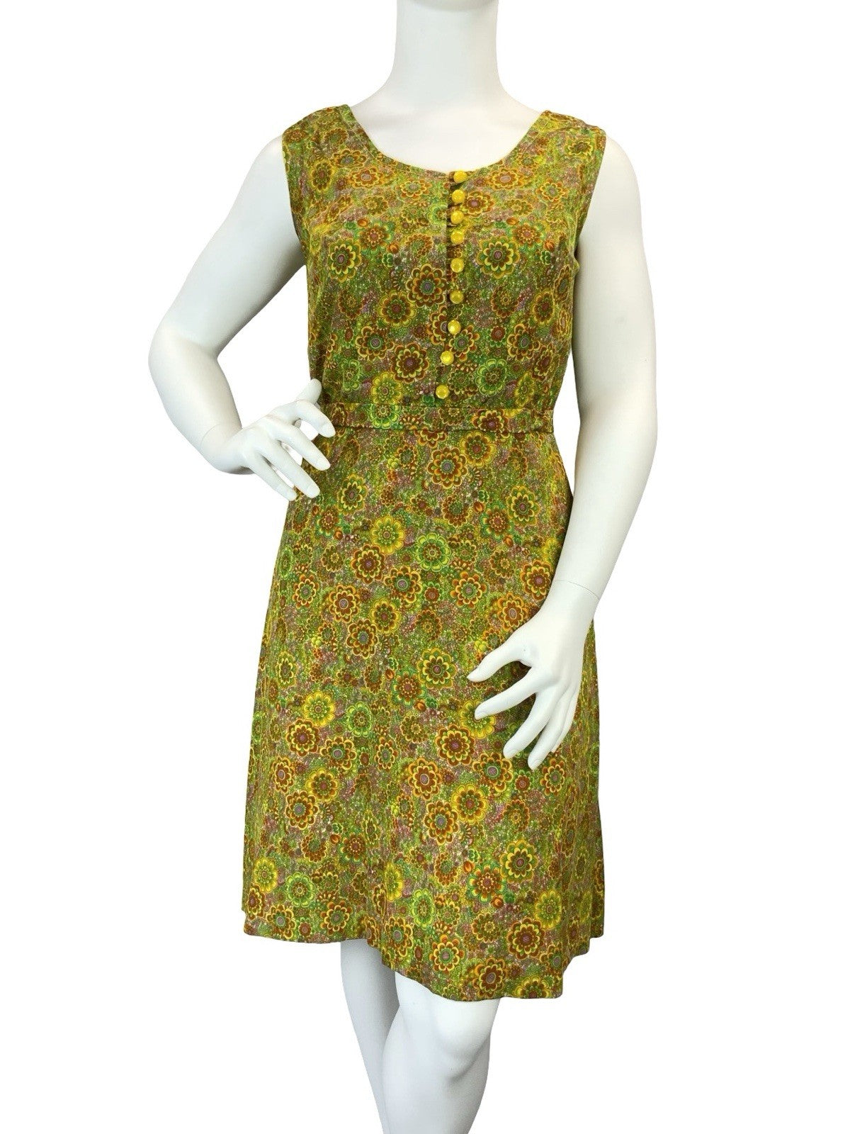 VTG 60S 70S GREEN ORANGE YELLOW PSYCHEDELIC FLORAL BELT SUN DRESS 16