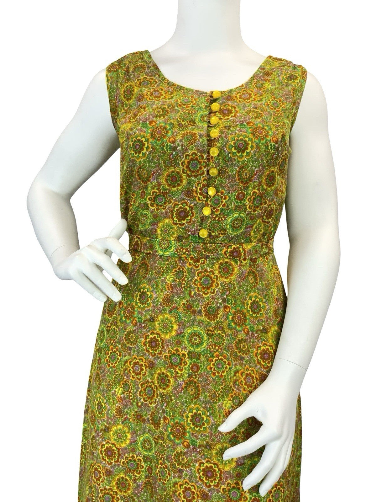 VTG 60S 70S GREEN ORANGE YELLOW PSYCHEDELIC FLORAL BELT SUN DRESS 16
