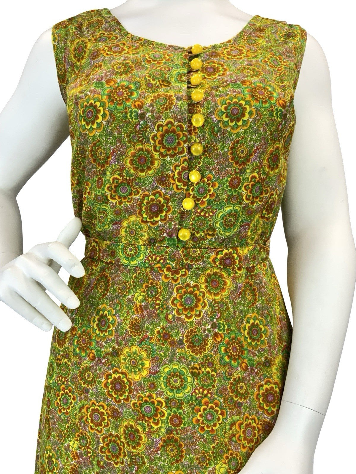 VTG 60S 70S GREEN ORANGE YELLOW PSYCHEDELIC FLORAL BELT SUN DRESS 16