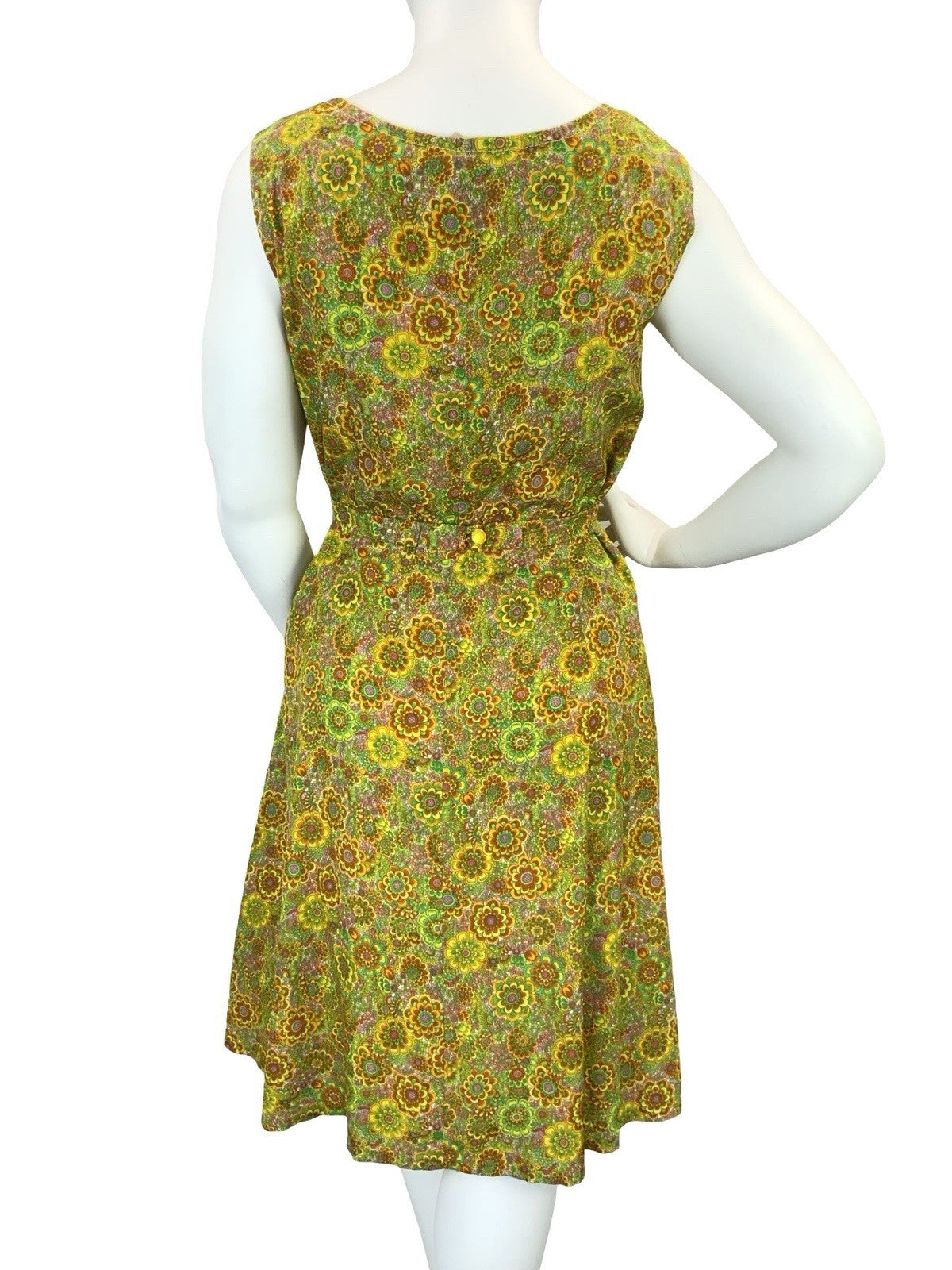 VTG 60S 70S GREEN ORANGE YELLOW PSYCHEDELIC FLORAL BELT SUN DRESS 16