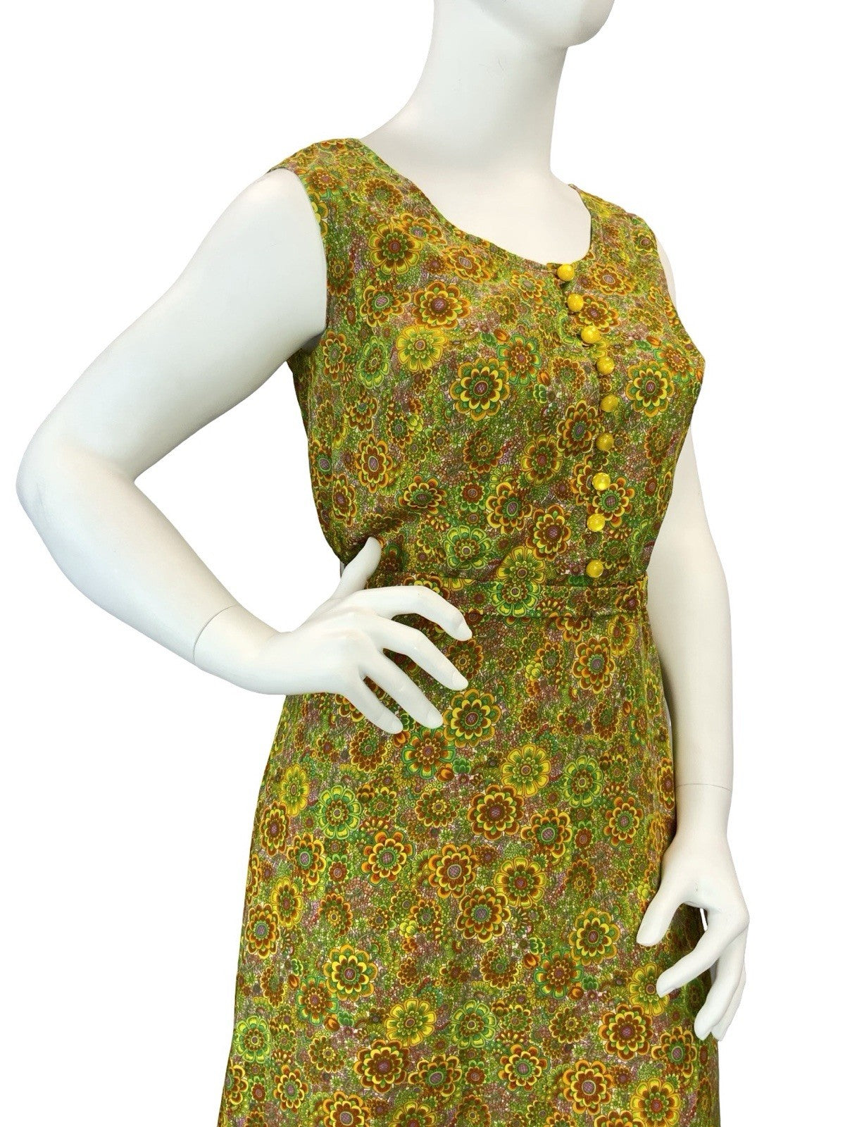 VTG 60S 70S GREEN ORANGE YELLOW PSYCHEDELIC FLORAL BELT SUN DRESS 16