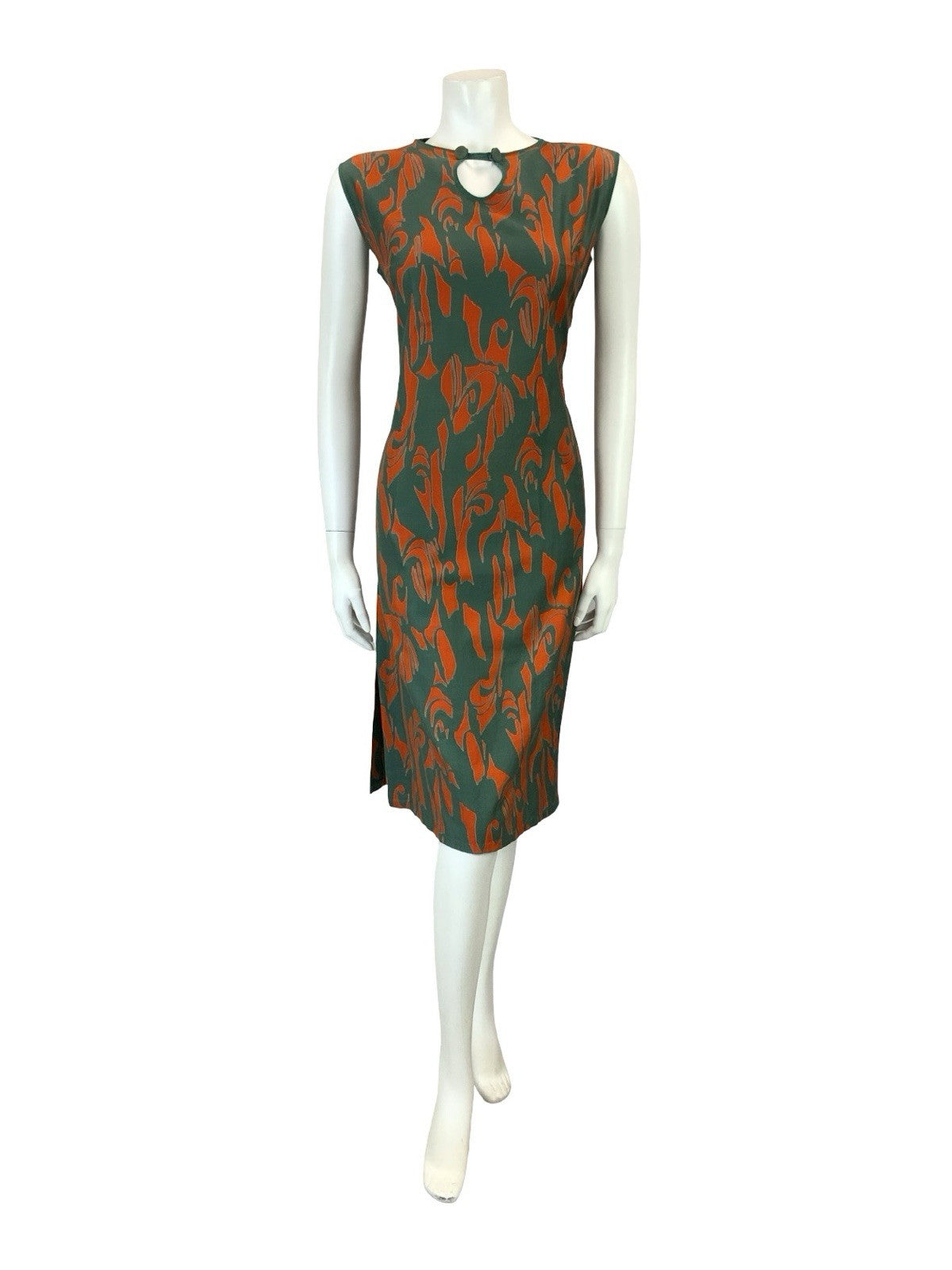 VTG 60S GREEN ORANGE MOD PSYCHEDELIC SHIFT KEYHOLE SLEEVELESS DRESS 10