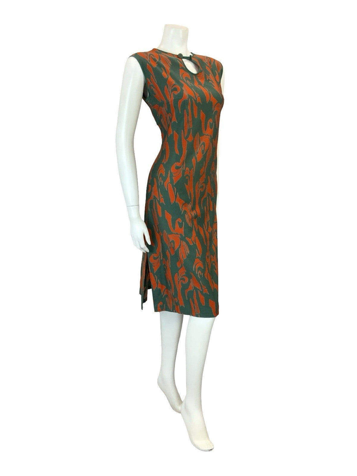 VTG 60S GREEN ORANGE MOD PSYCHEDELIC SHIFT KEYHOLE SLEEVELESS DRESS 10
