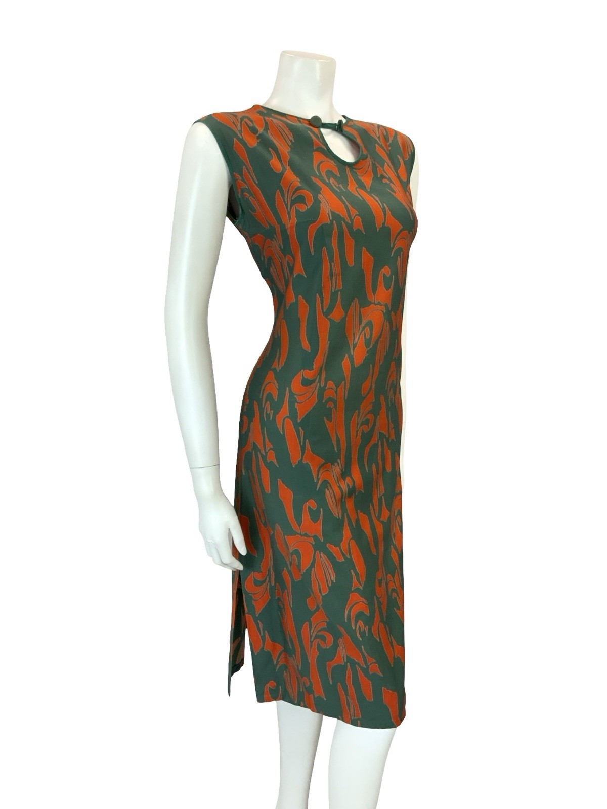 VTG 60S GREEN ORANGE MOD PSYCHEDELIC SHIFT KEYHOLE SLEEVELESS DRESS 10
