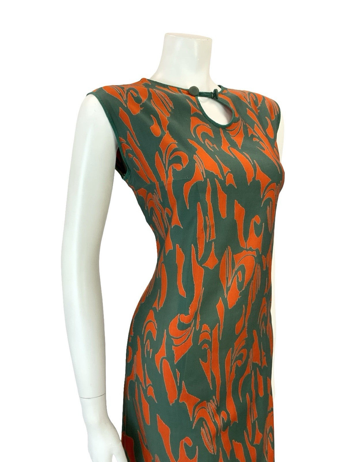 VTG 60S GREEN ORANGE MOD PSYCHEDELIC SHIFT KEYHOLE SLEEVELESS DRESS 10