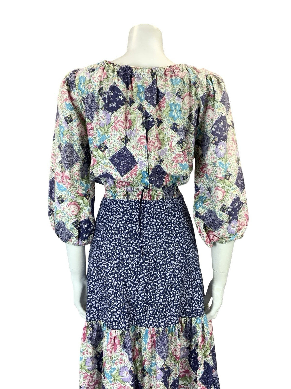 VTG 60S 70S WHITE BLUE PINK PATCHWORK TIERED ELASTICATED COTTAGE DRESS 14 16
