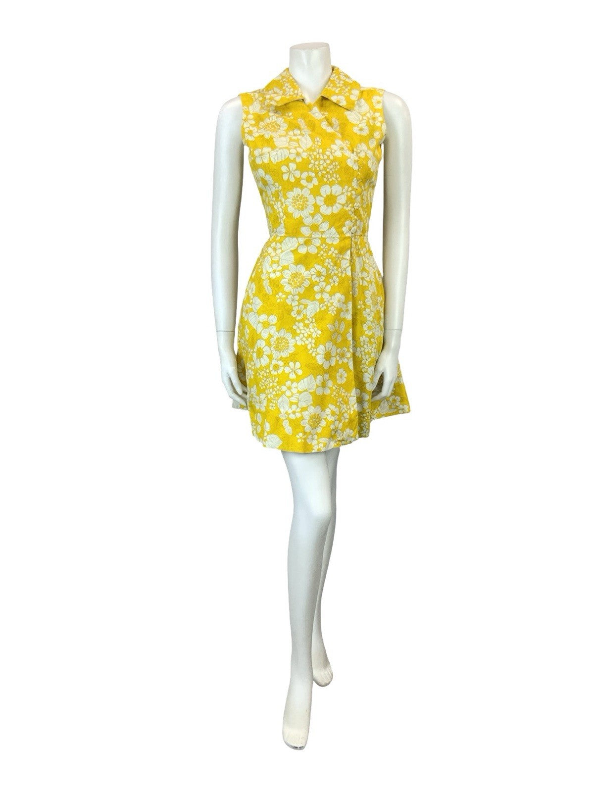 VTG 60S 70S YELLOW WHITE PSYCHEDELIC FLORAL ASYMMETRIC WRAP MINI SHIRT DRESS 8