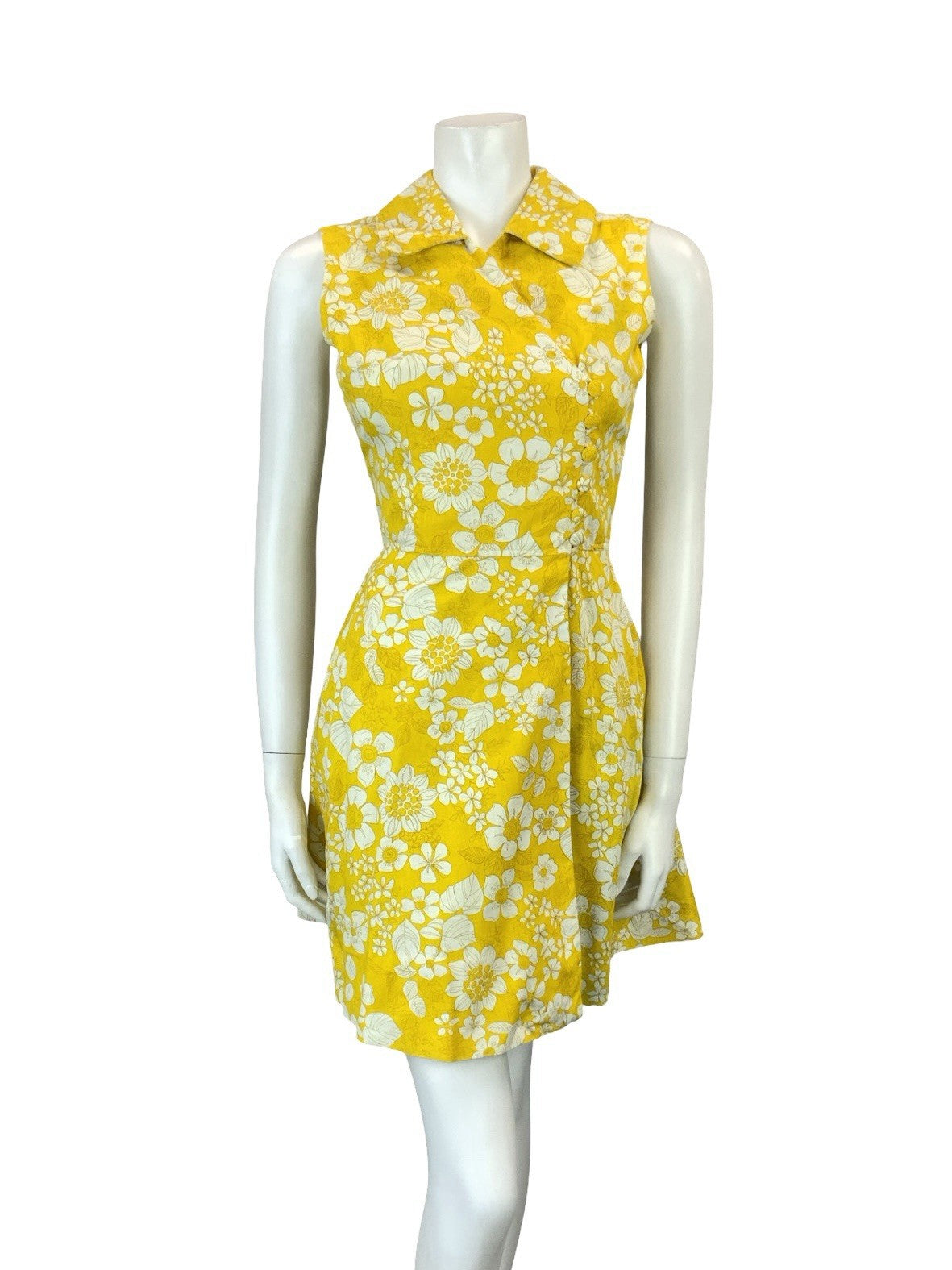 VTG 60S 70S YELLOW WHITE PSYCHEDELIC FLORAL ASYMMETRIC WRAP MINI SHIRT DRESS 8
