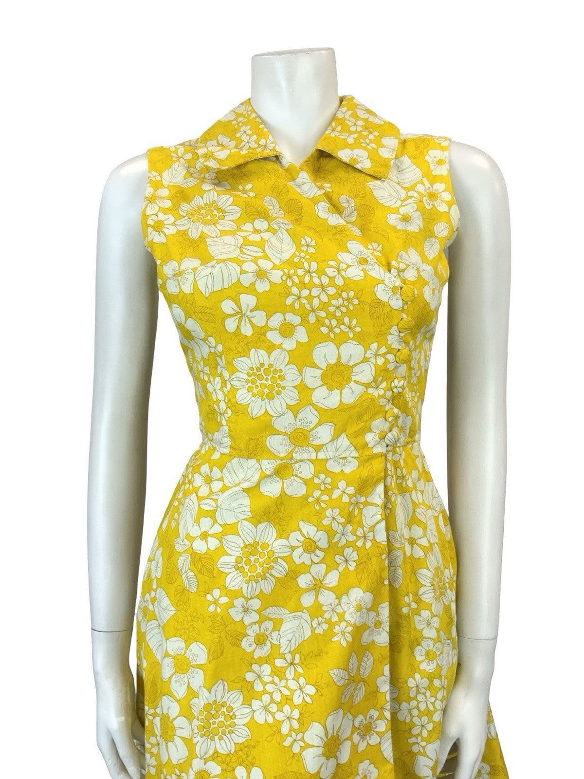 VTG 60S 70S YELLOW WHITE PSYCHEDELIC FLORAL ASYMMETRIC WRAP MINI SHIRT DRESS 8