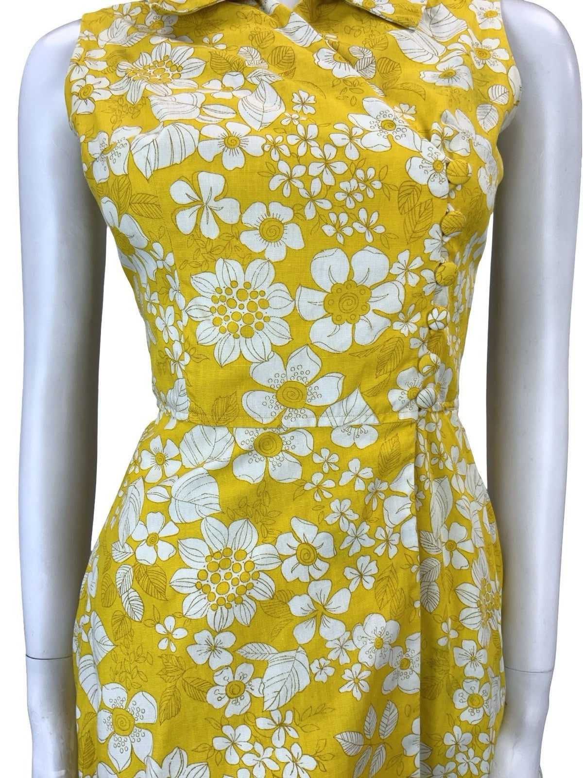 VTG 60S 70S YELLOW WHITE PSYCHEDELIC FLORAL ASYMMETRIC WRAP MINI SHIRT DRESS 8