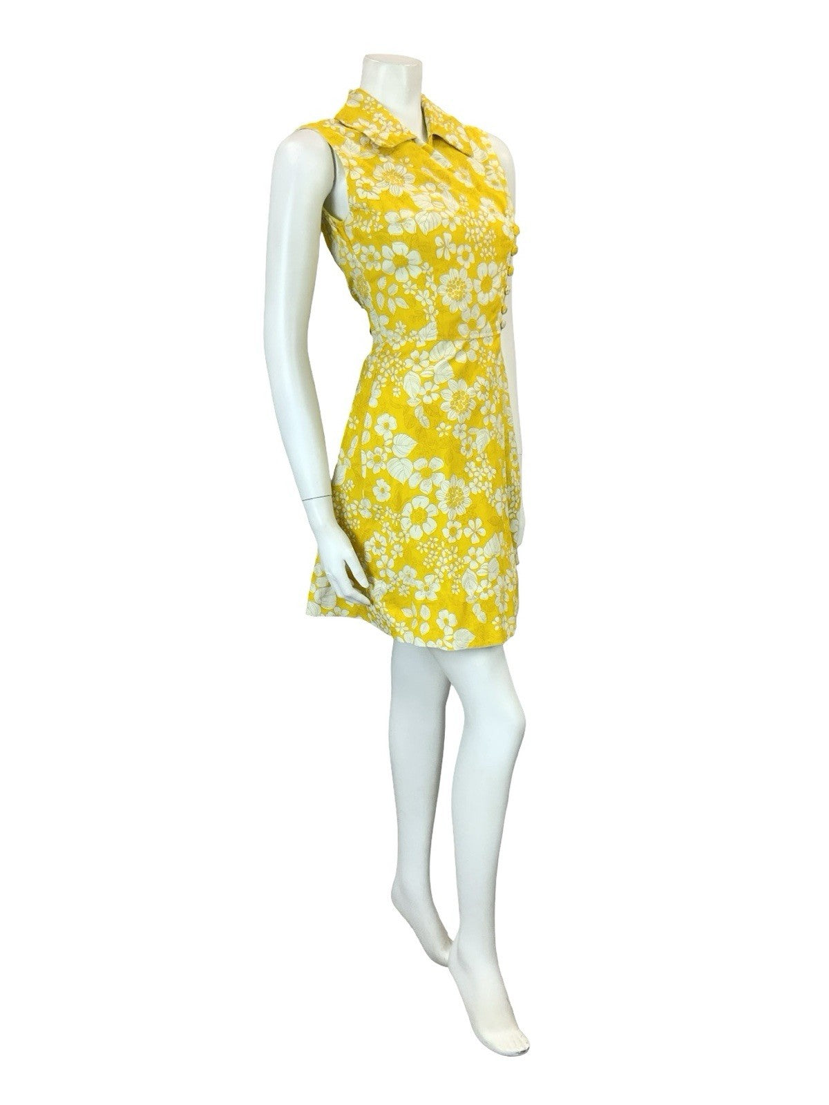 VTG 60S 70S YELLOW WHITE PSYCHEDELIC FLORAL ASYMMETRIC WRAP MINI SHIRT DRESS 8