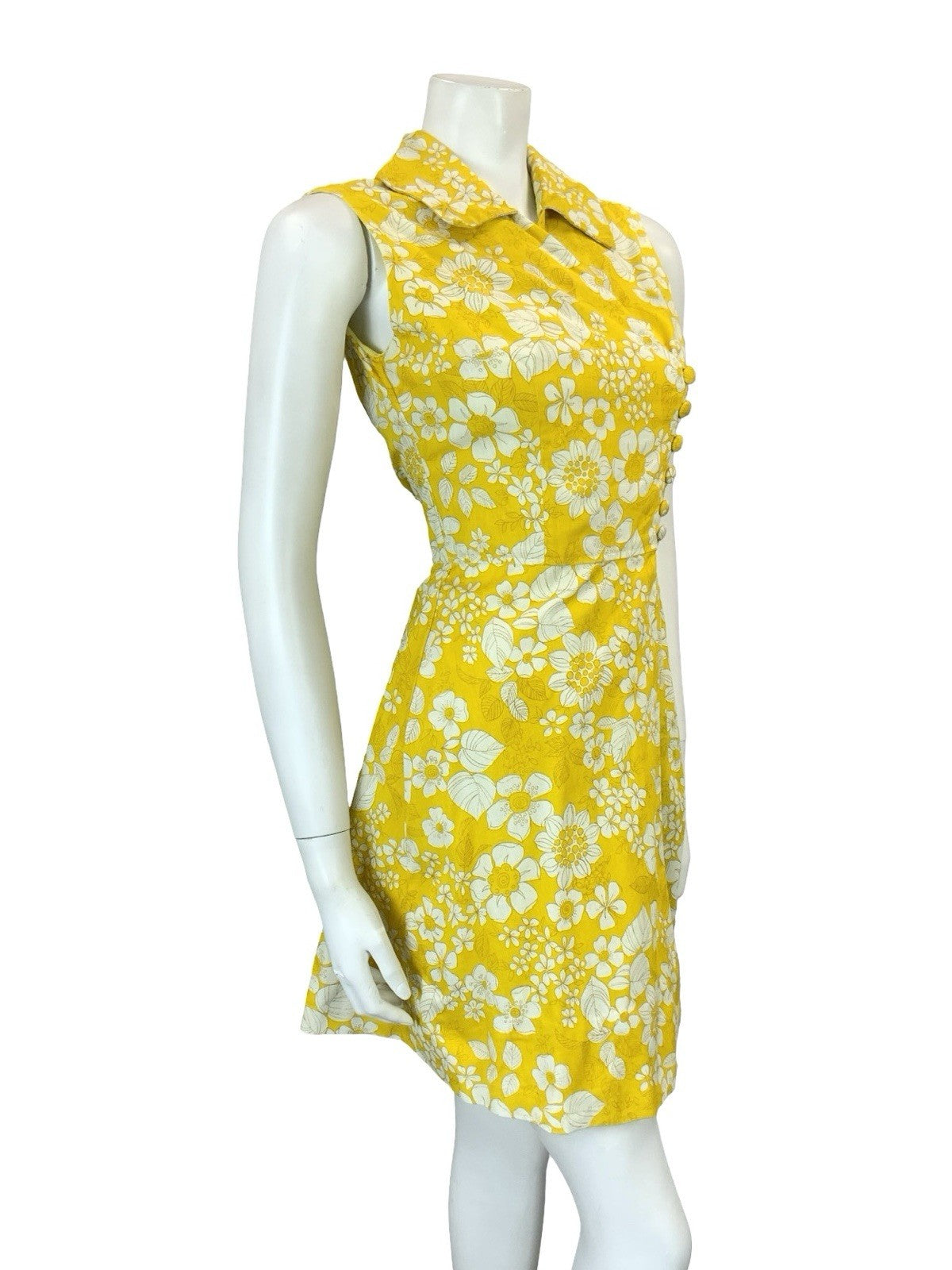 VTG 60S 70S YELLOW WHITE PSYCHEDELIC FLORAL ASYMMETRIC WRAP MINI SHIRT DRESS 8
