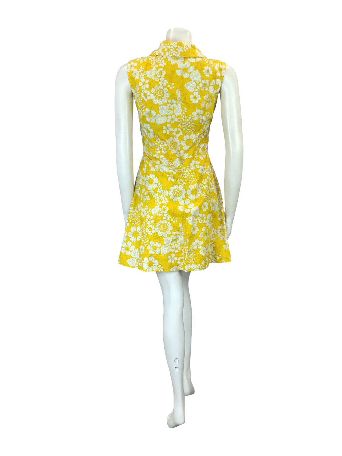 VTG 60S 70S YELLOW WHITE PSYCHEDELIC FLORAL ASYMMETRIC WRAP MINI SHIRT DRESS 8