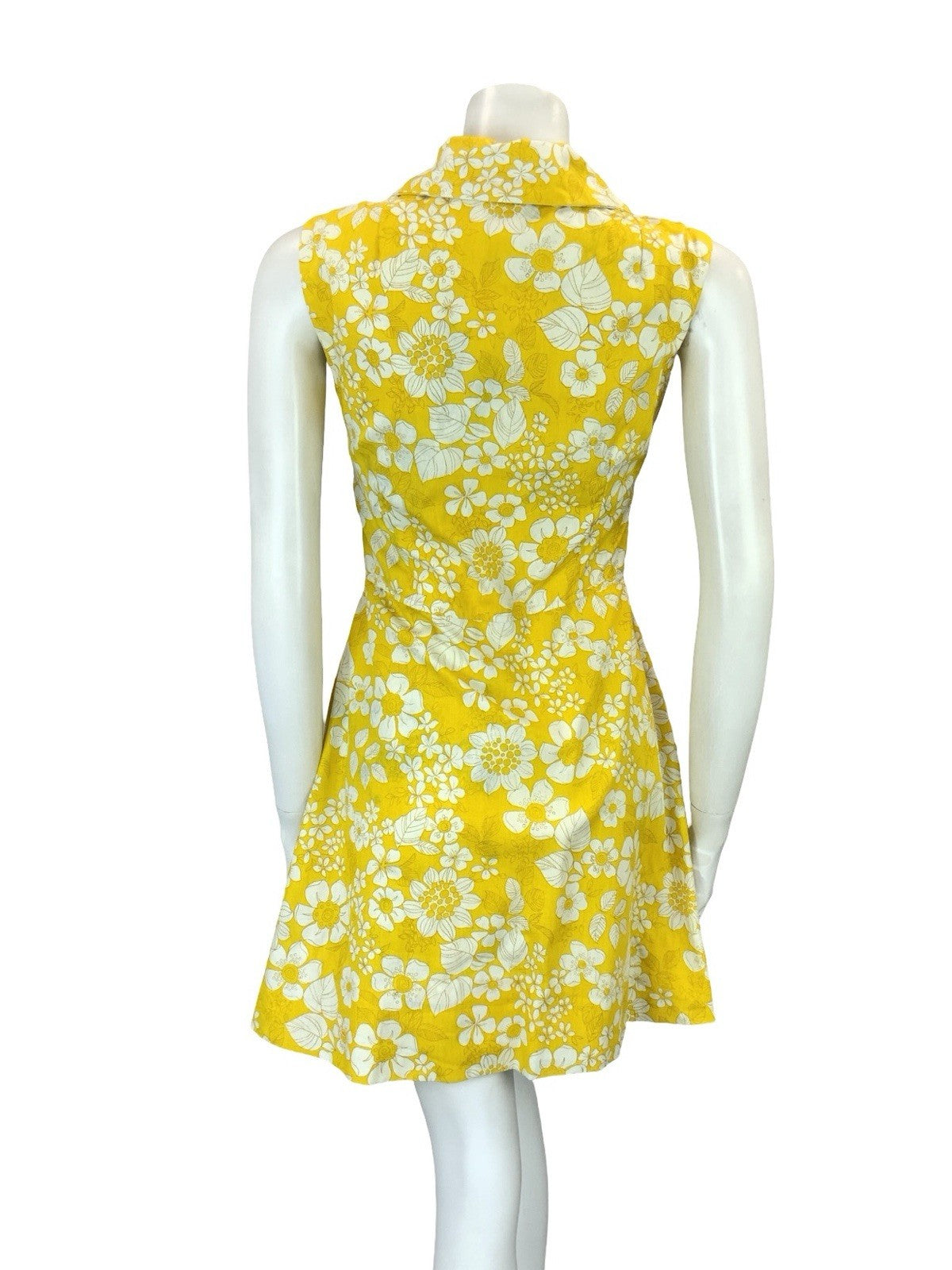 VTG 60S 70S YELLOW WHITE PSYCHEDELIC FLORAL ASYMMETRIC WRAP MINI SHIRT DRESS 8