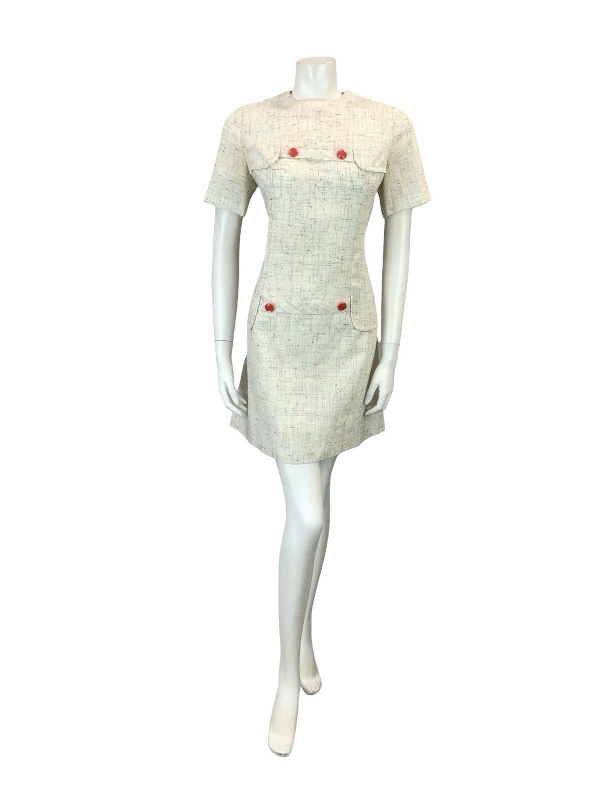 VTG 60S 70S CREAM RED BLUE YELLOW GREEN CROSS HATCH MOD SECRETARY MINI DRESS 10