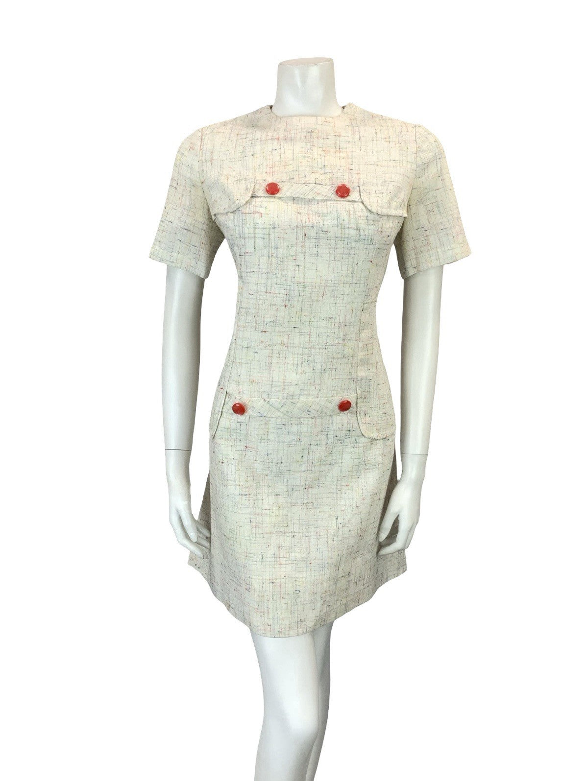 VTG 60S 70S CREAM RED BLUE YELLOW GREEN CROSS HATCH MOD SECRETARY MINI DRESS 10