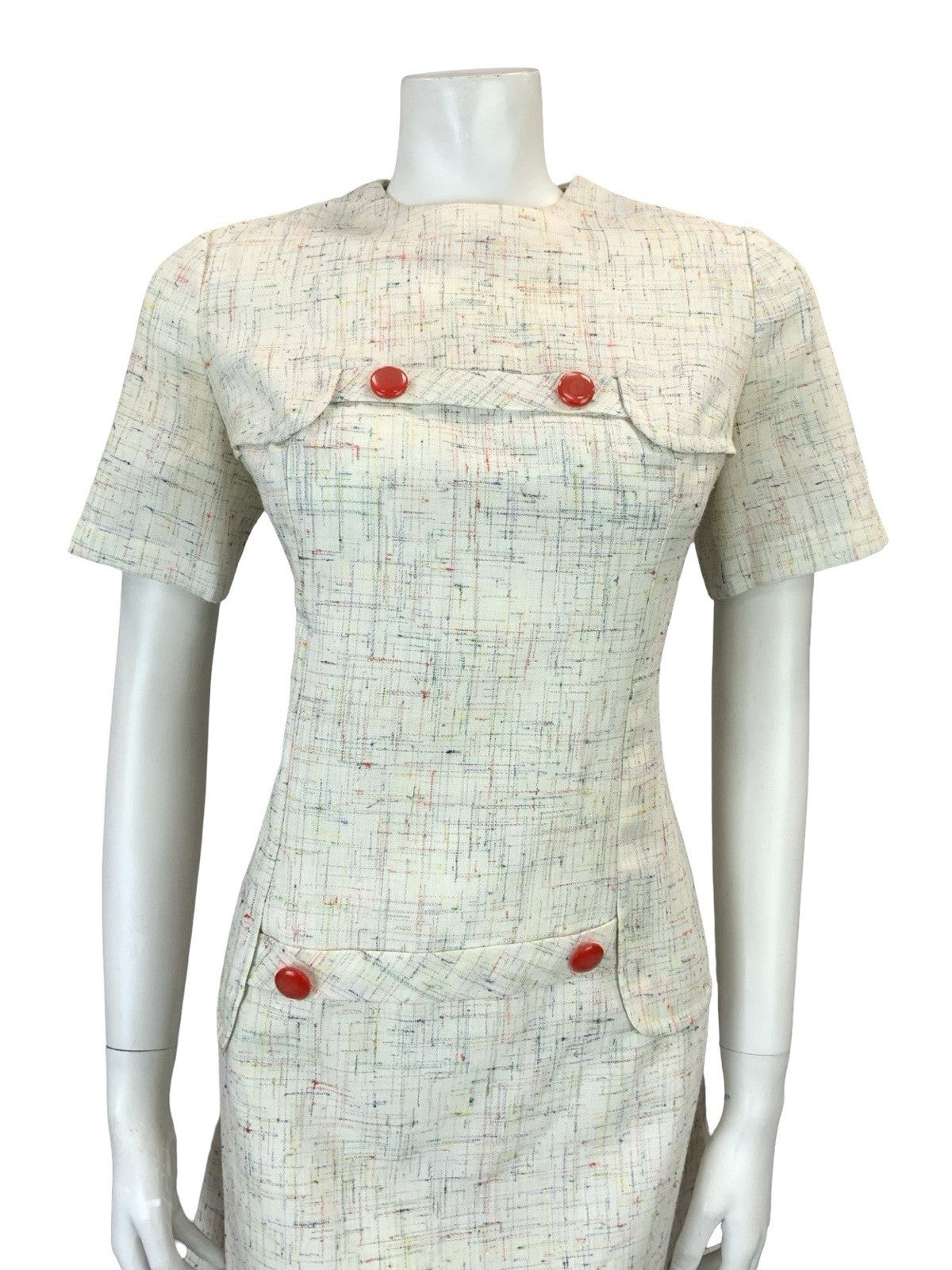 VTG 60S 70S CREAM RED BLUE YELLOW GREEN CROSS HATCH MOD SECRETARY MINI DRESS 10