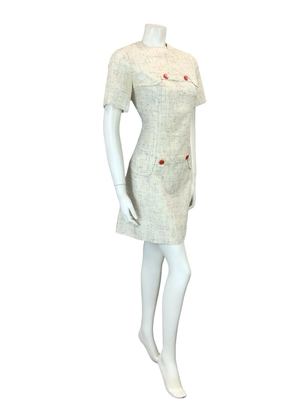 VTG 60S 70S CREAM RED BLUE YELLOW GREEN CROSS HATCH MOD SECRETARY MINI DRESS 10