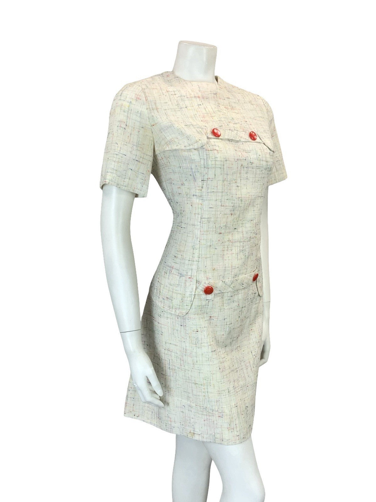 VTG 60S 70S CREAM RED BLUE YELLOW GREEN CROSS HATCH MOD SECRETARY MINI DRESS 10