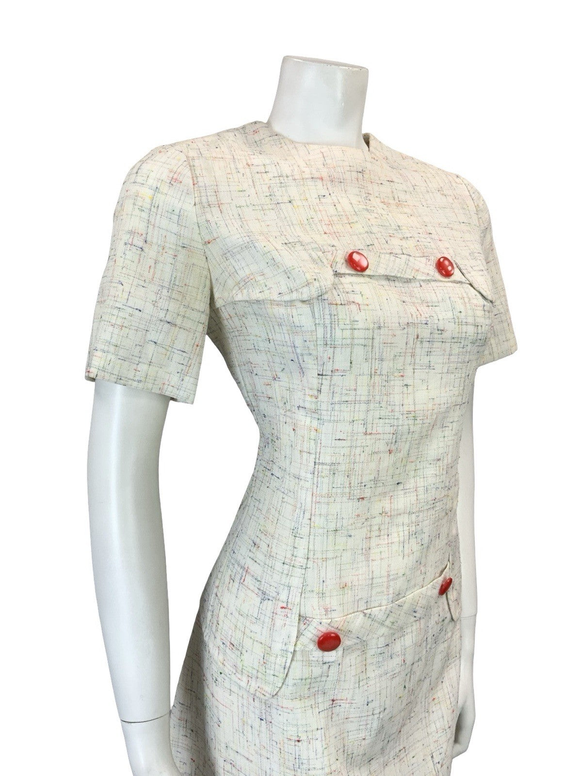 VTG 60S 70S CREAM RED BLUE YELLOW GREEN CROSS HATCH MOD SECRETARY MINI DRESS 10