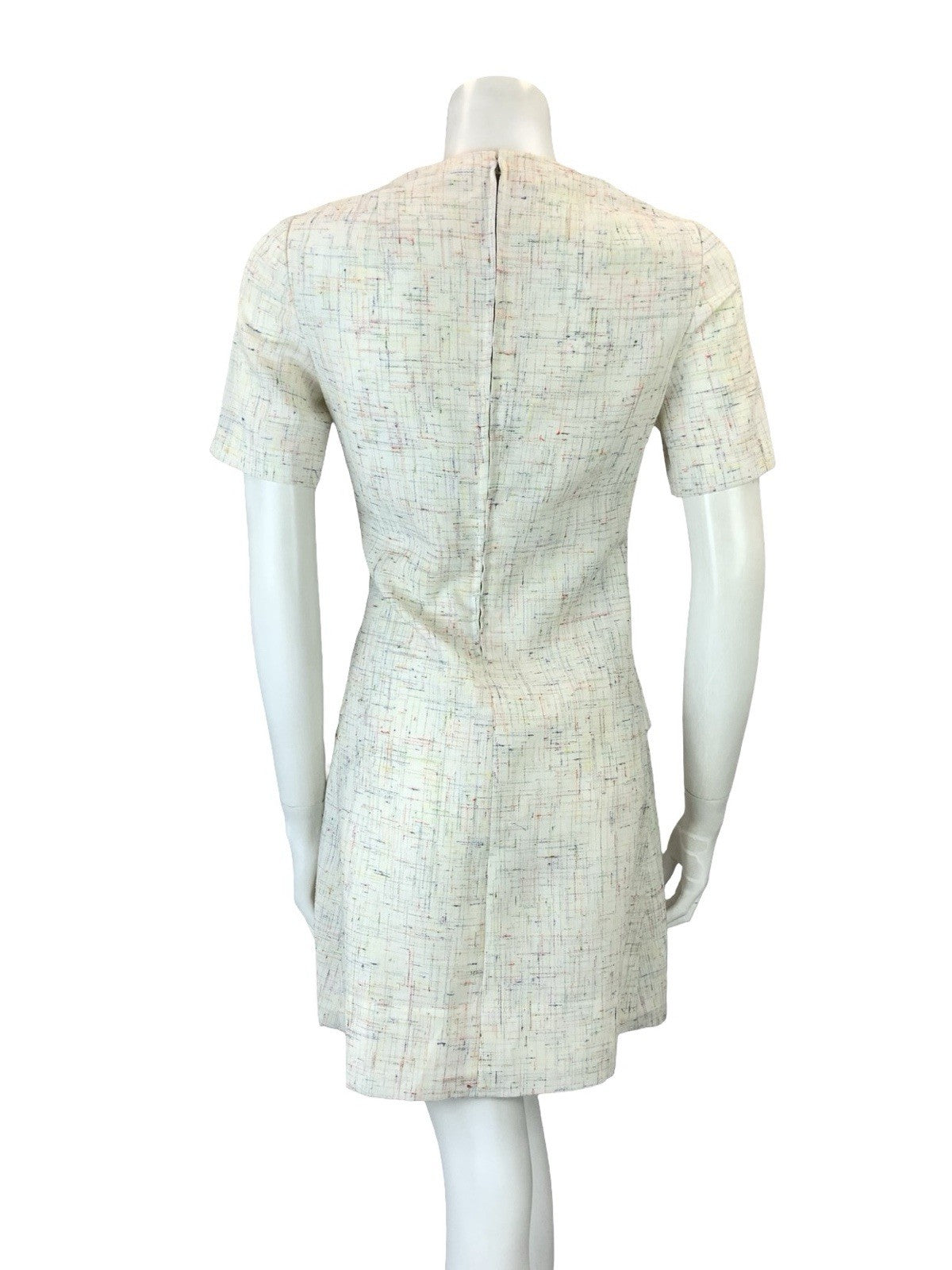 VTG 60S 70S CREAM RED BLUE YELLOW GREEN CROSS HATCH MOD SECRETARY MINI DRESS 10