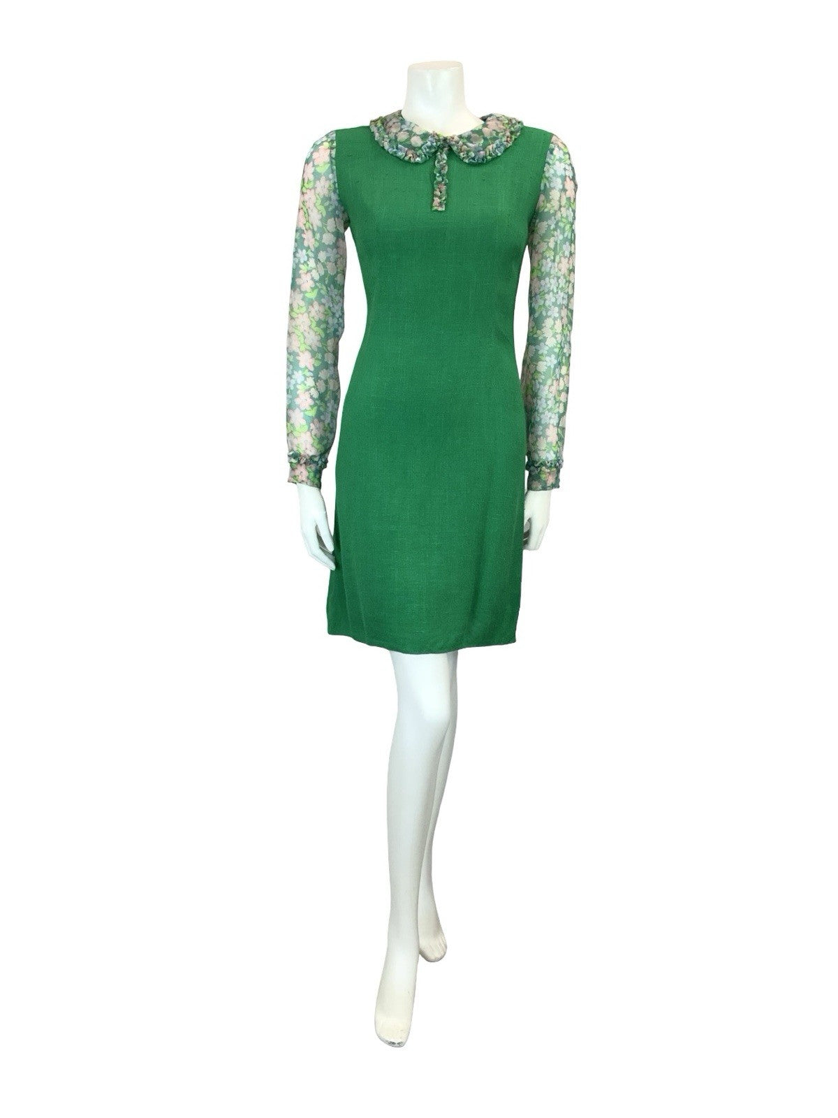 VTG 60S GREEN PINK PURPLE MOD FLORAL MESH RUFFLE PETER PAN COLLAR PENCIL DRESS 6