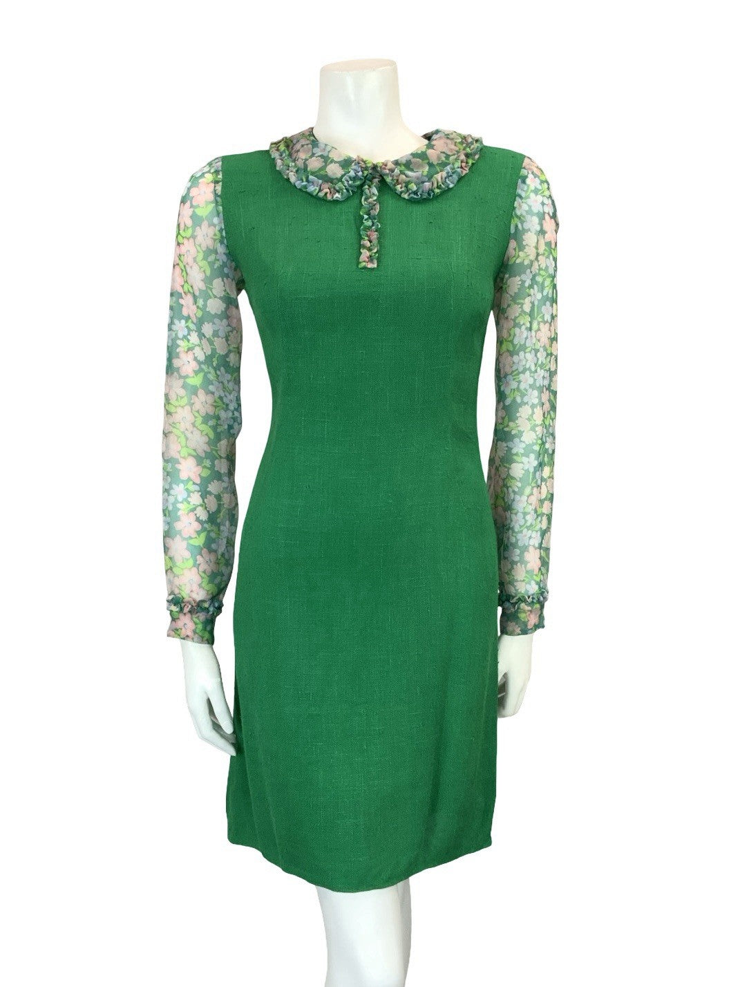 VTG 60S GREEN PINK PURPLE MOD FLORAL MESH RUFFLE PETER PAN COLLAR PENCIL DRESS 6