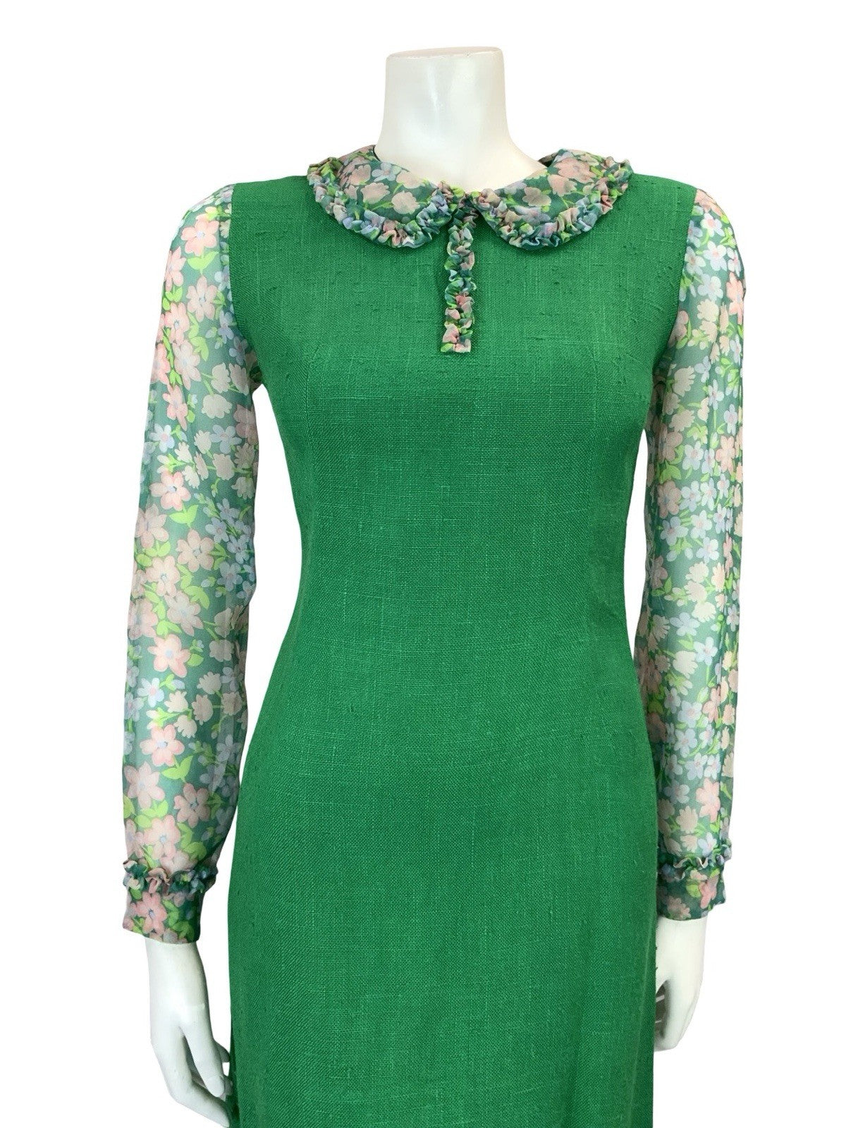 VTG 60S GREEN PINK PURPLE MOD FLORAL MESH RUFFLE PETER PAN COLLAR PENCIL DRESS 6