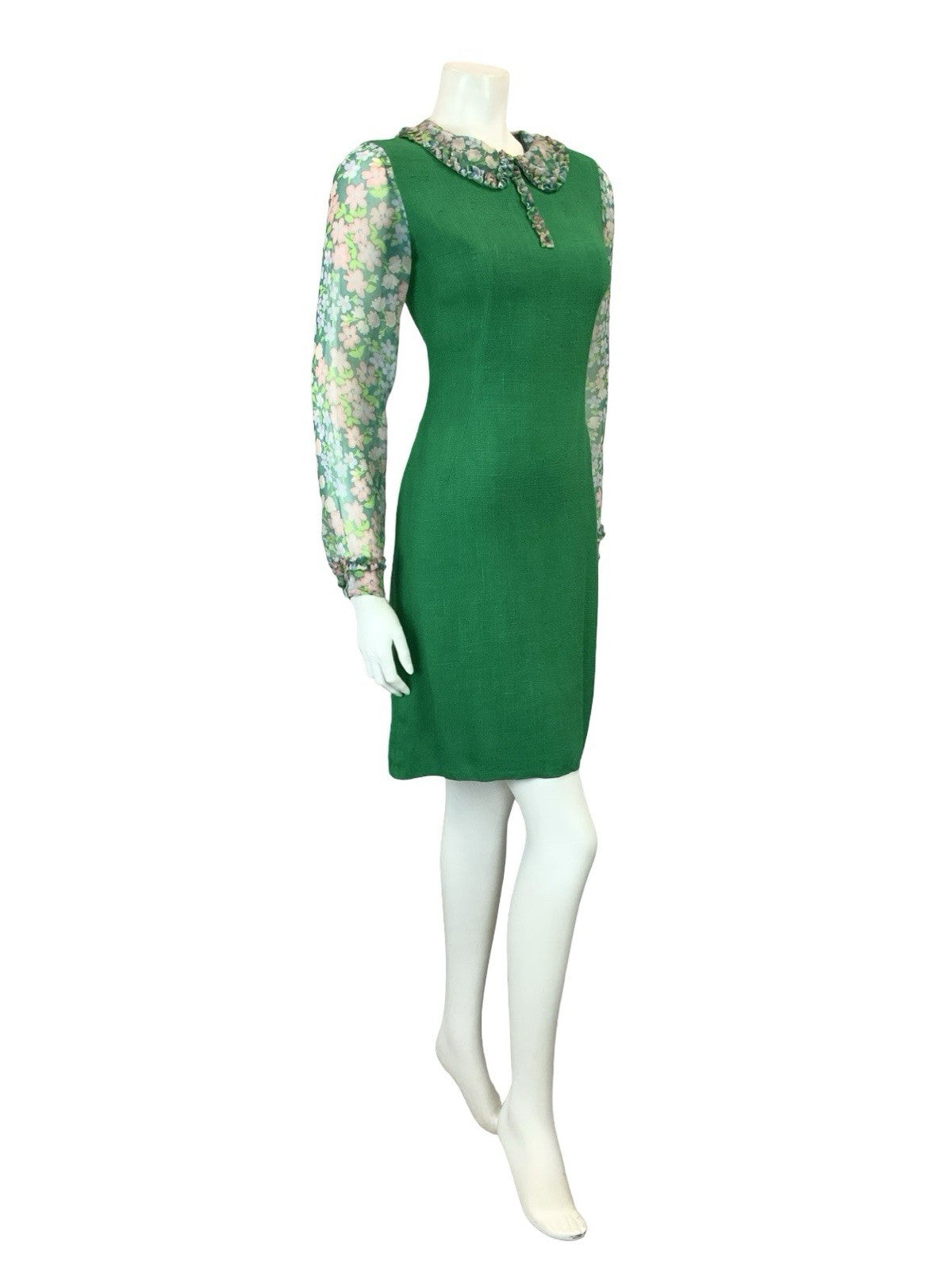 VTG 60S GREEN PINK PURPLE MOD FLORAL MESH RUFFLE PETER PAN COLLAR PENCIL DRESS 6