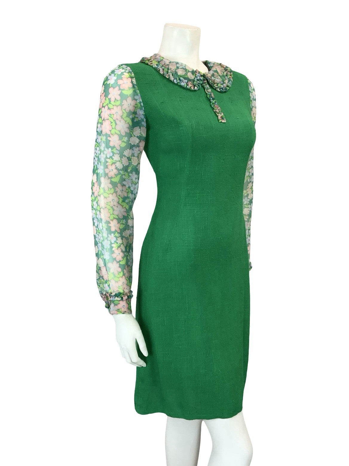 VTG 60S GREEN PINK PURPLE MOD FLORAL MESH RUFFLE PETER PAN COLLAR PENCIL DRESS 6
