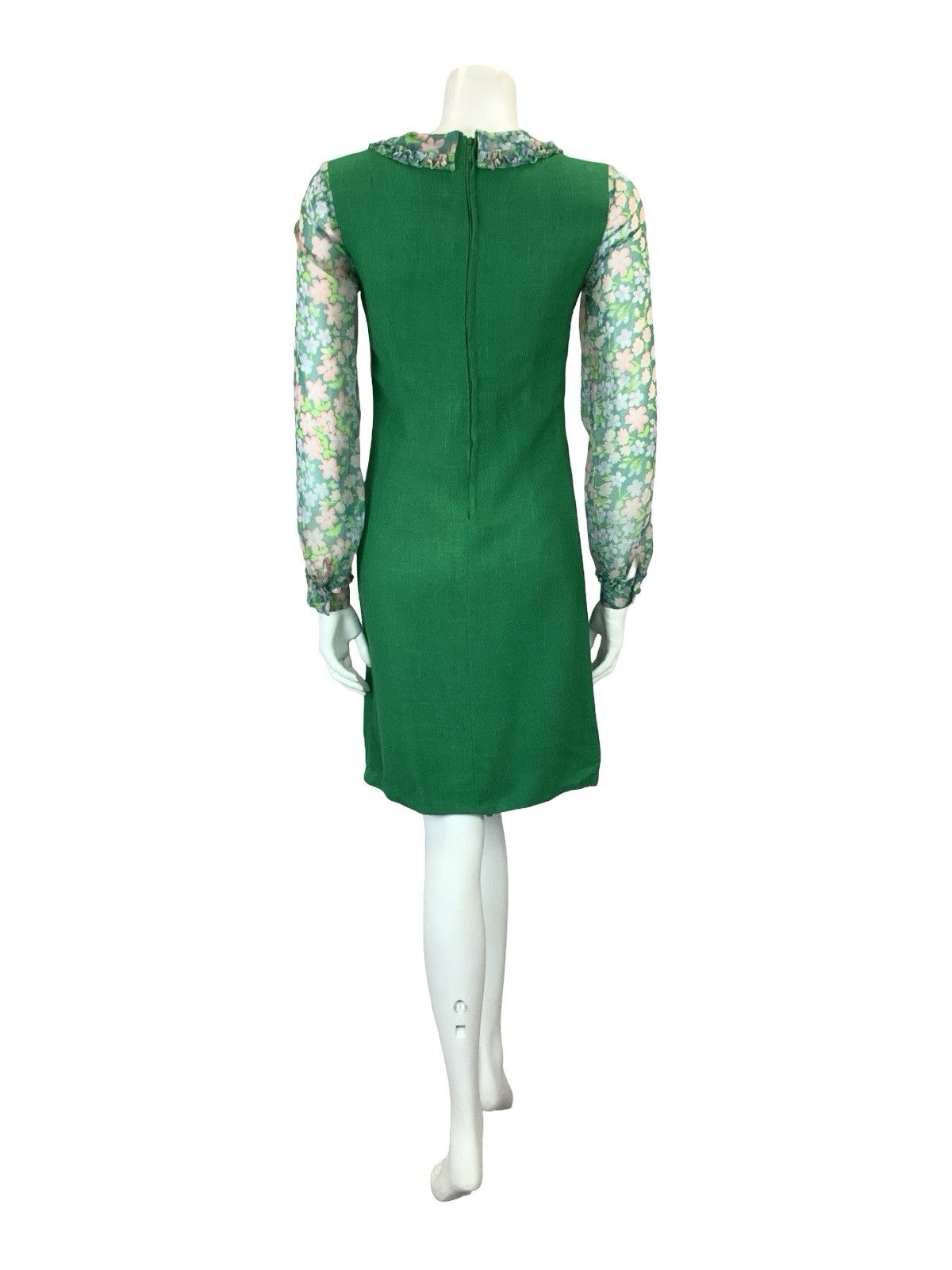 VTG 60S GREEN PINK PURPLE MOD FLORAL MESH RUFFLE PETER PAN COLLAR PENCIL DRESS 6