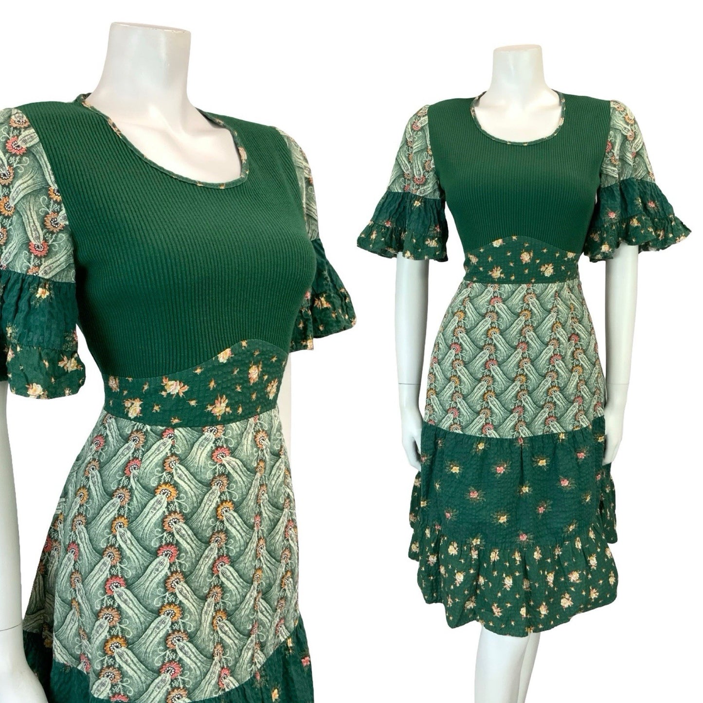 VTG 60S 70S GREEN PINK BEIGE FLORAL TIERED FLARE SLEEVE KNIT TIE WAIST DRESS 10