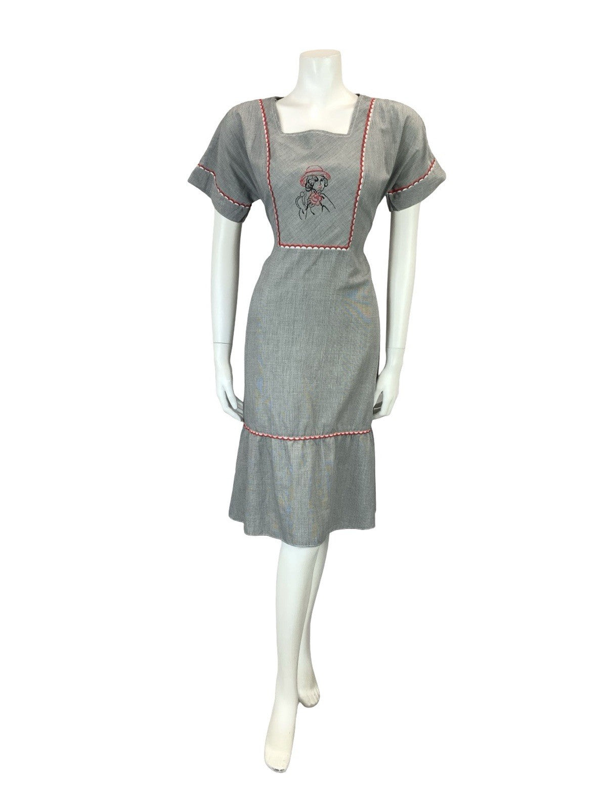 VTG 60S 70S BLACK WHITE HOUNDSTOOTH PRAIRIE COTTAGE ART DECO WOMAN MIDI DRESS 10