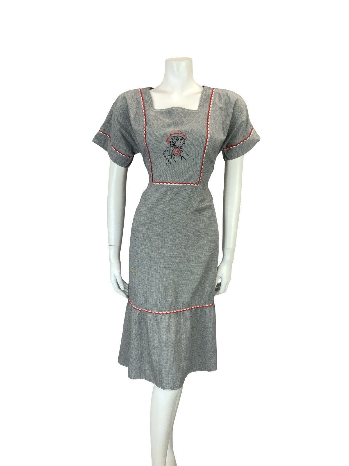 VTG 60S 70S BLACK WHITE HOUNDSTOOTH PRAIRIE COTTAGE ART DECO WOMAN MIDI DRESS 10