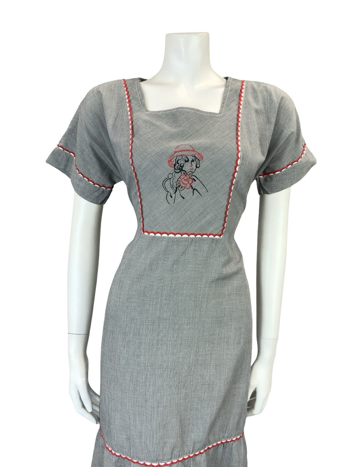 VTG 60S 70S BLACK WHITE HOUNDSTOOTH PRAIRIE COTTAGE ART DECO WOMAN MIDI DRESS 10