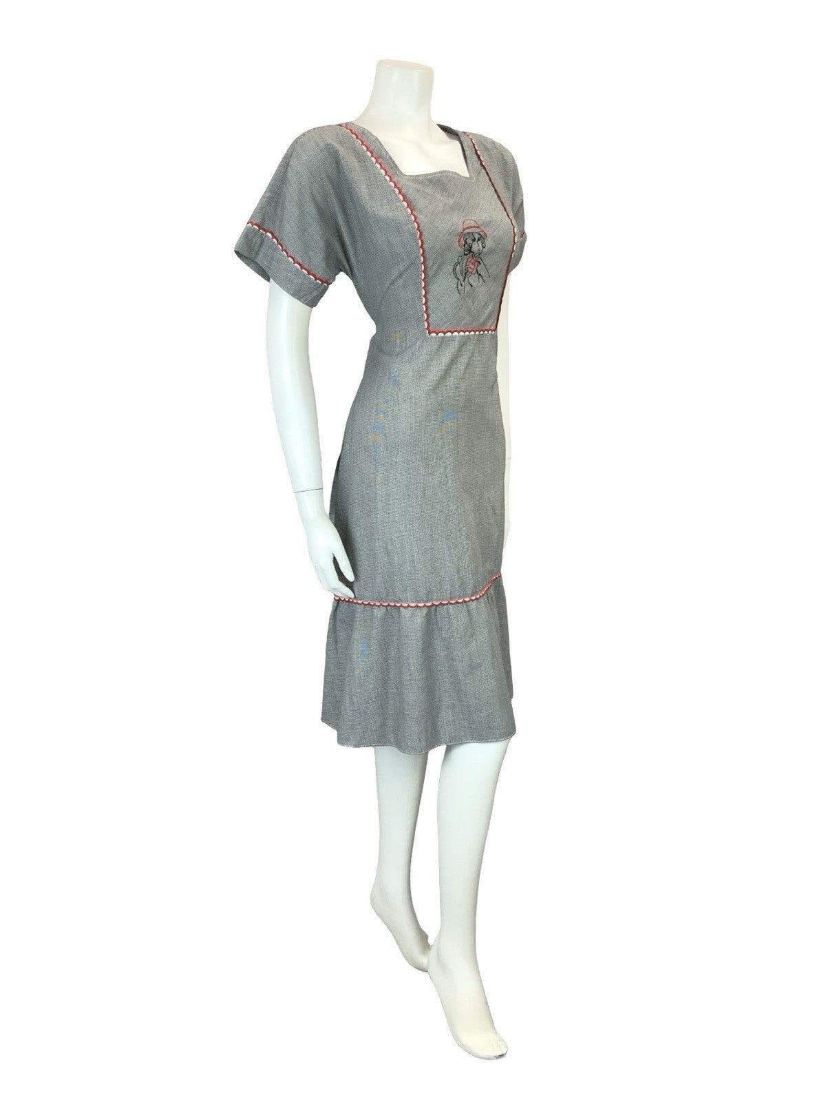 VTG 60S 70S BLACK WHITE HOUNDSTOOTH PRAIRIE COTTAGE ART DECO WOMAN MIDI DRESS 10