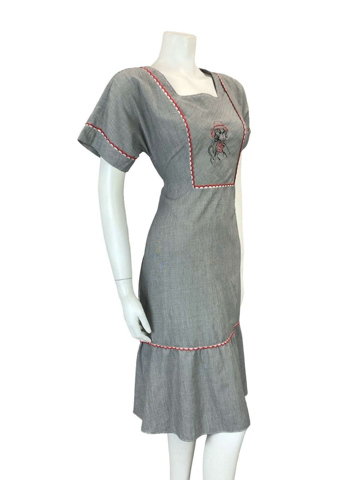 VTG 60S 70S BLACK WHITE HOUNDSTOOTH PRAIRIE COTTAGE ART DECO WOMAN MIDI DRESS 10