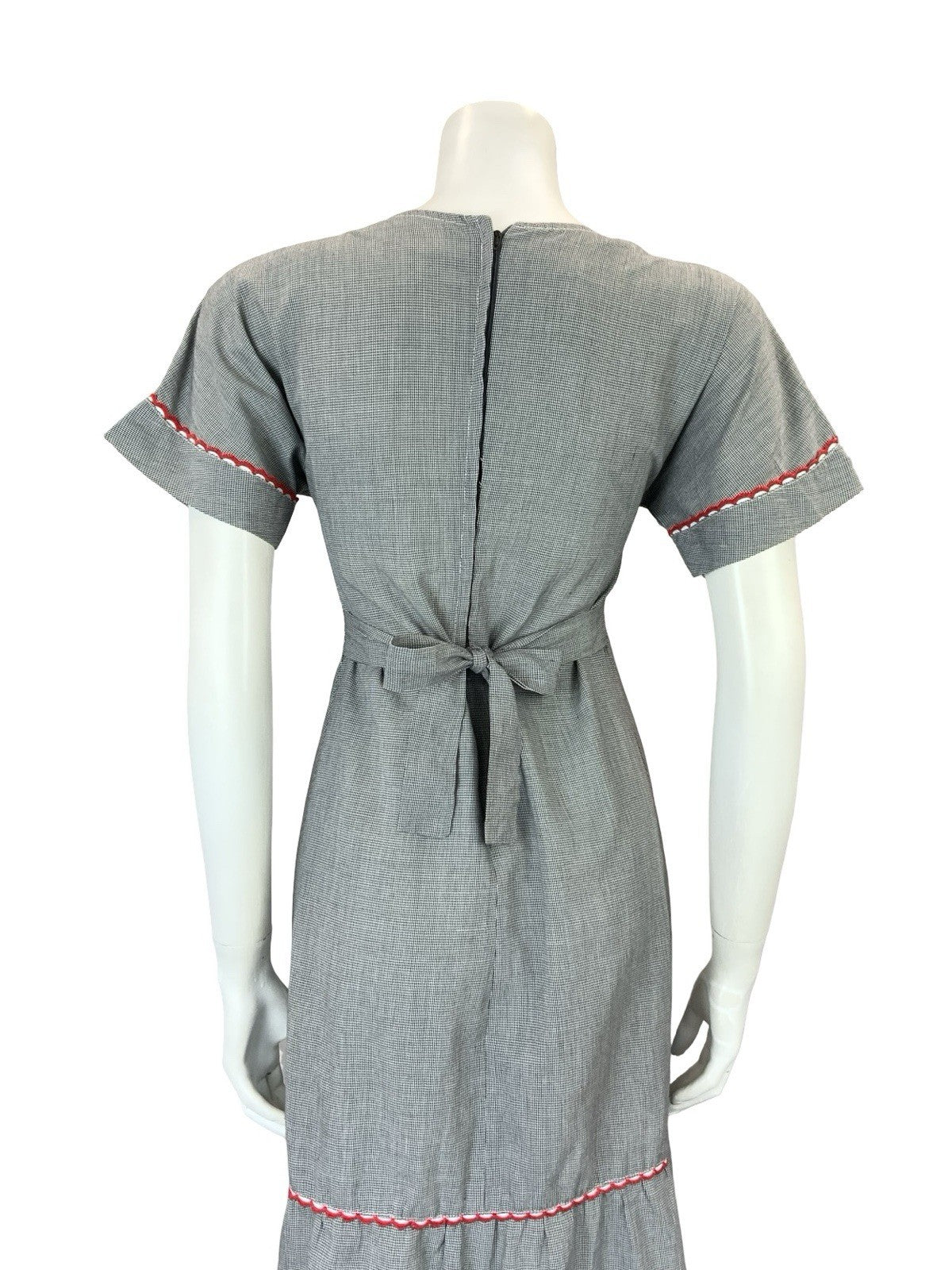 VTG 60S 70S BLACK WHITE HOUNDSTOOTH PRAIRIE COTTAGE ART DECO WOMAN MIDI DRESS 10