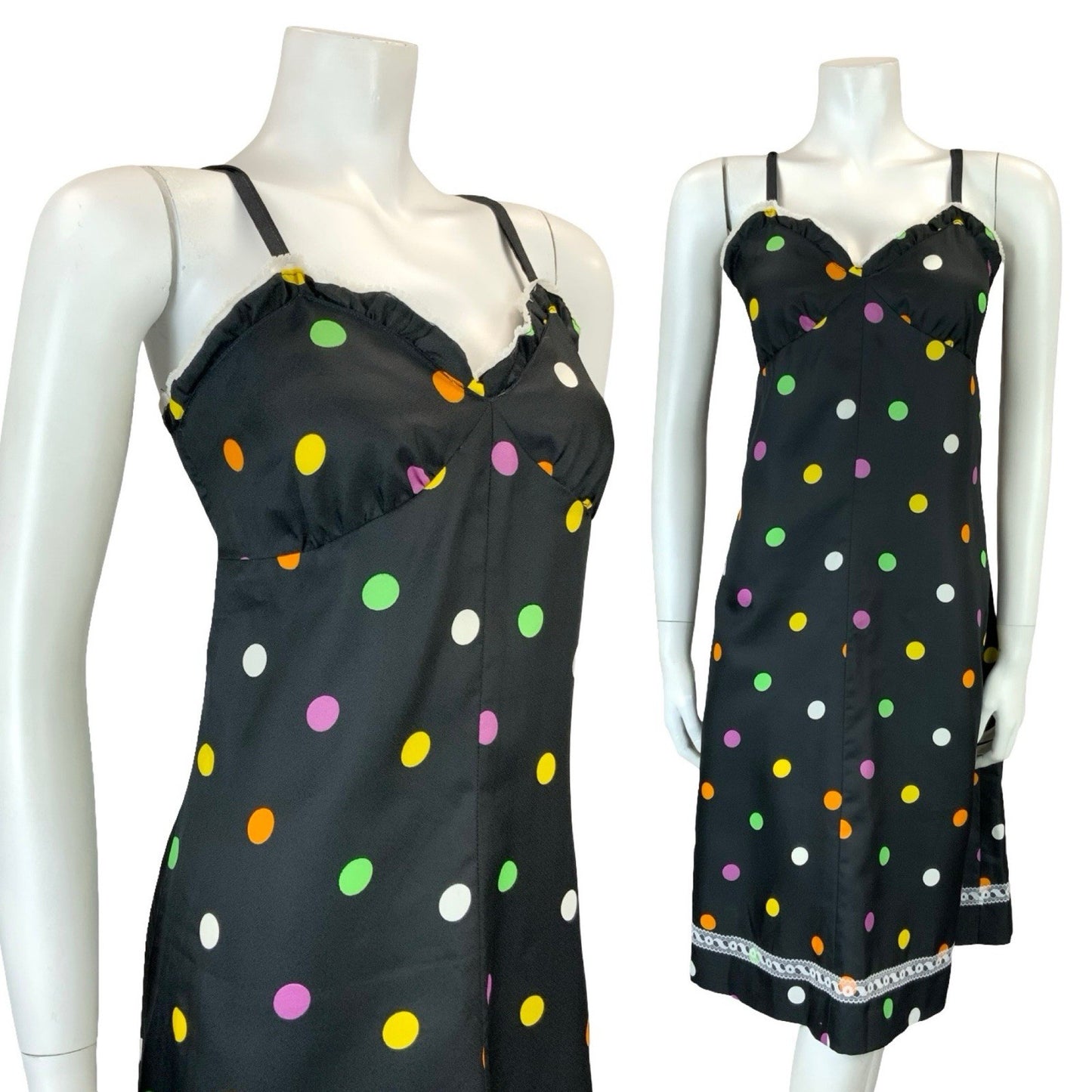 VTG 60S 70S BLACK PINK GREEN YELLOW WHITE POLKA DOT LACE STRAPPY MIDI DRESS 8 10